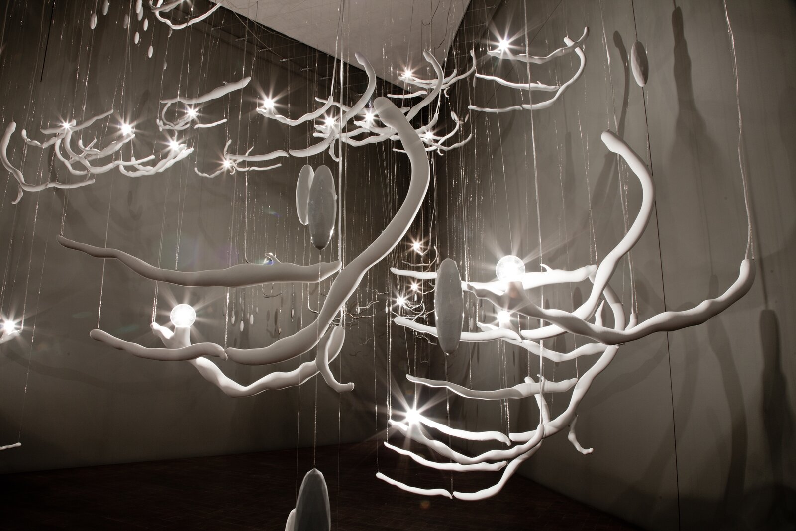 "A suspended installation of white, branch-like structures with glowing lights and floating discs in a monochromatic gallery space."