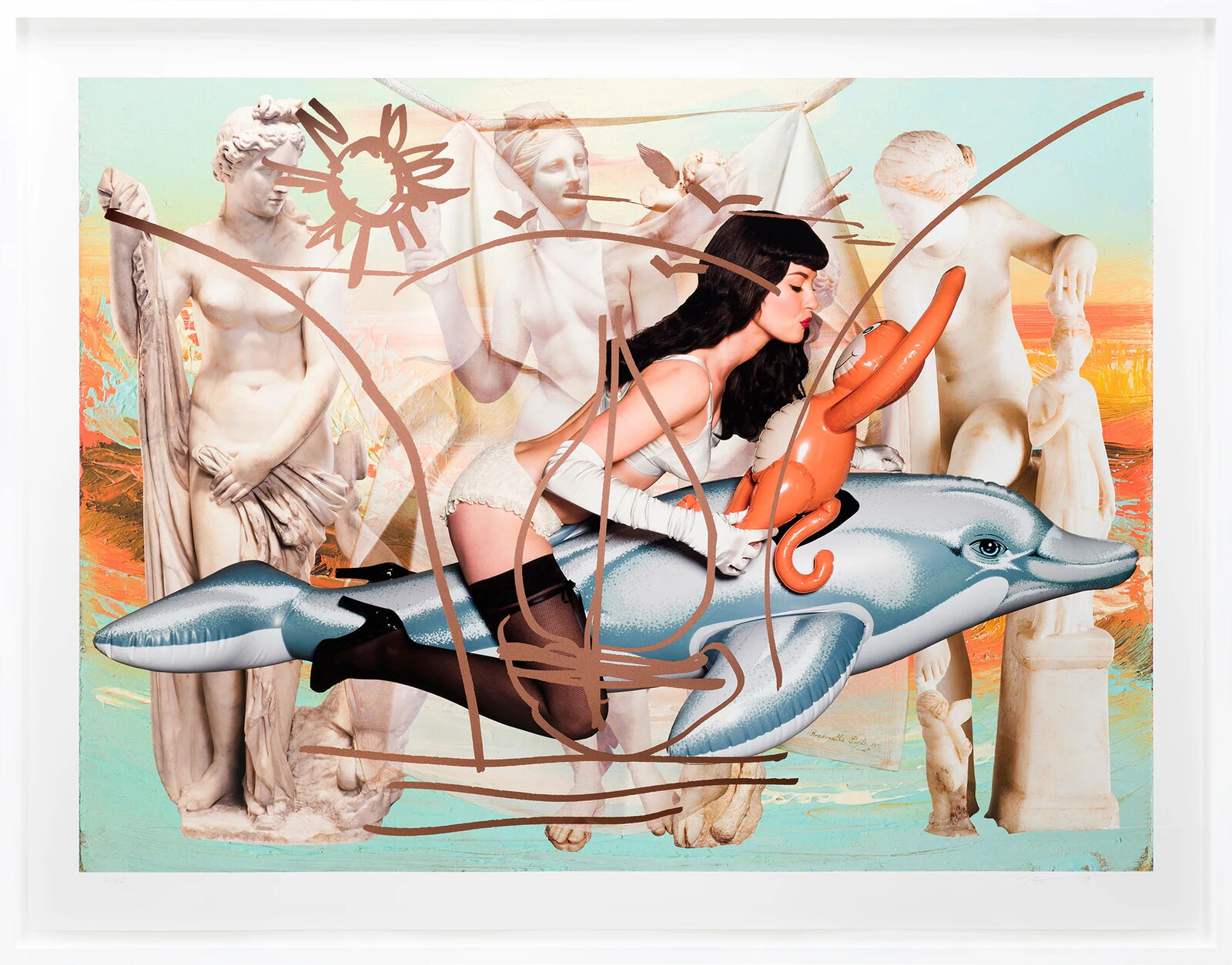 A collage of a woman riding a dolphin in front of a group of people.