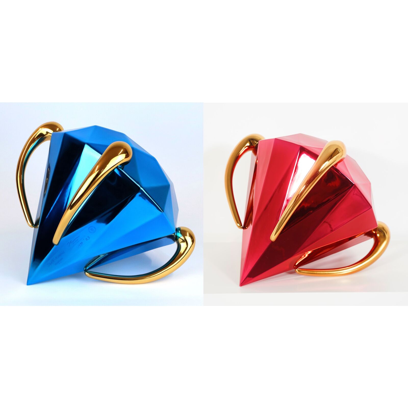 A pair of red, blue and gold vases sitting next to each other.