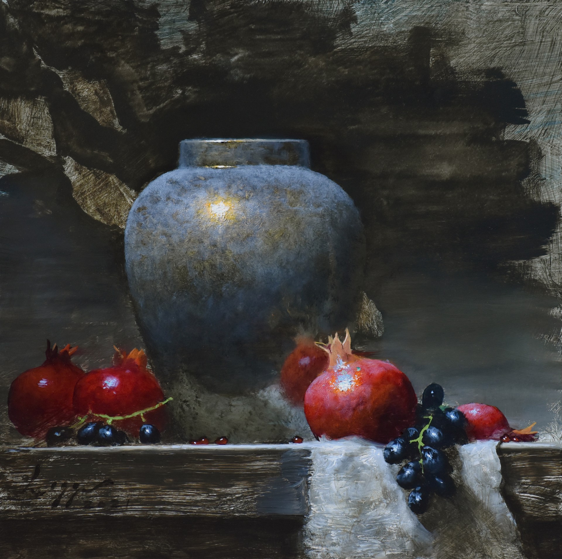 A painting of pomegranates and grapes on a table.