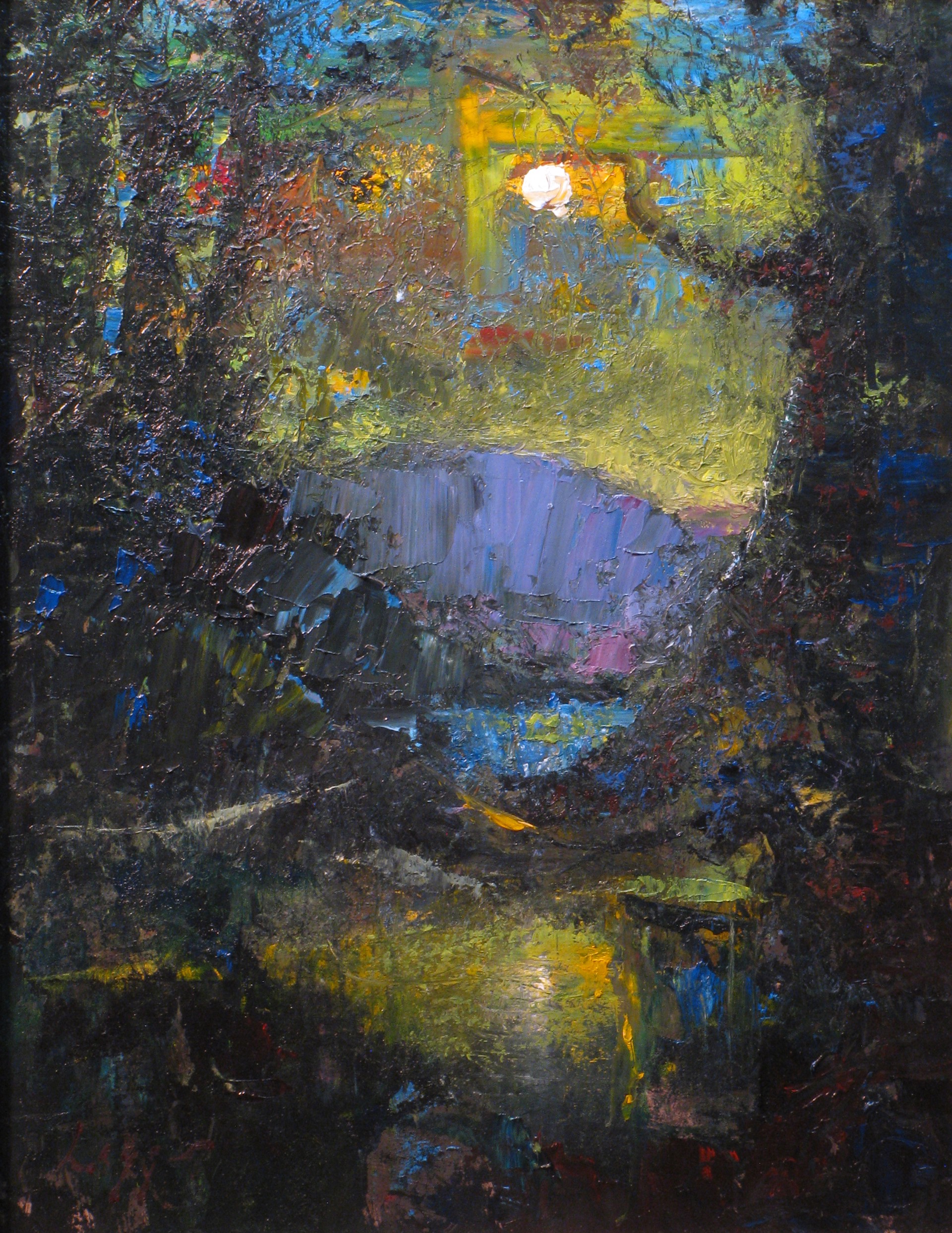A painting of a bridge over a stream in the woods.