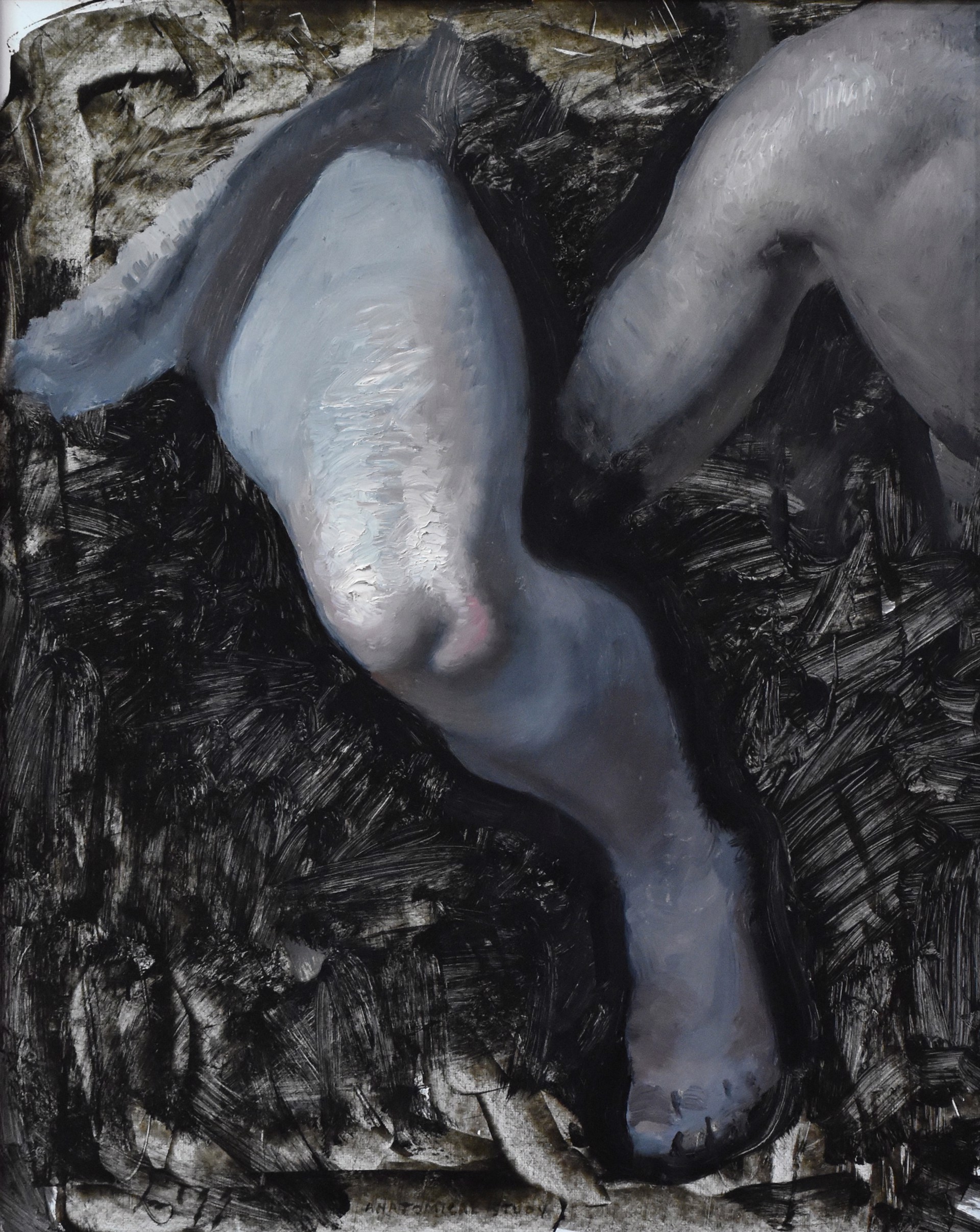 A painting of a woman laying down on the ground.
