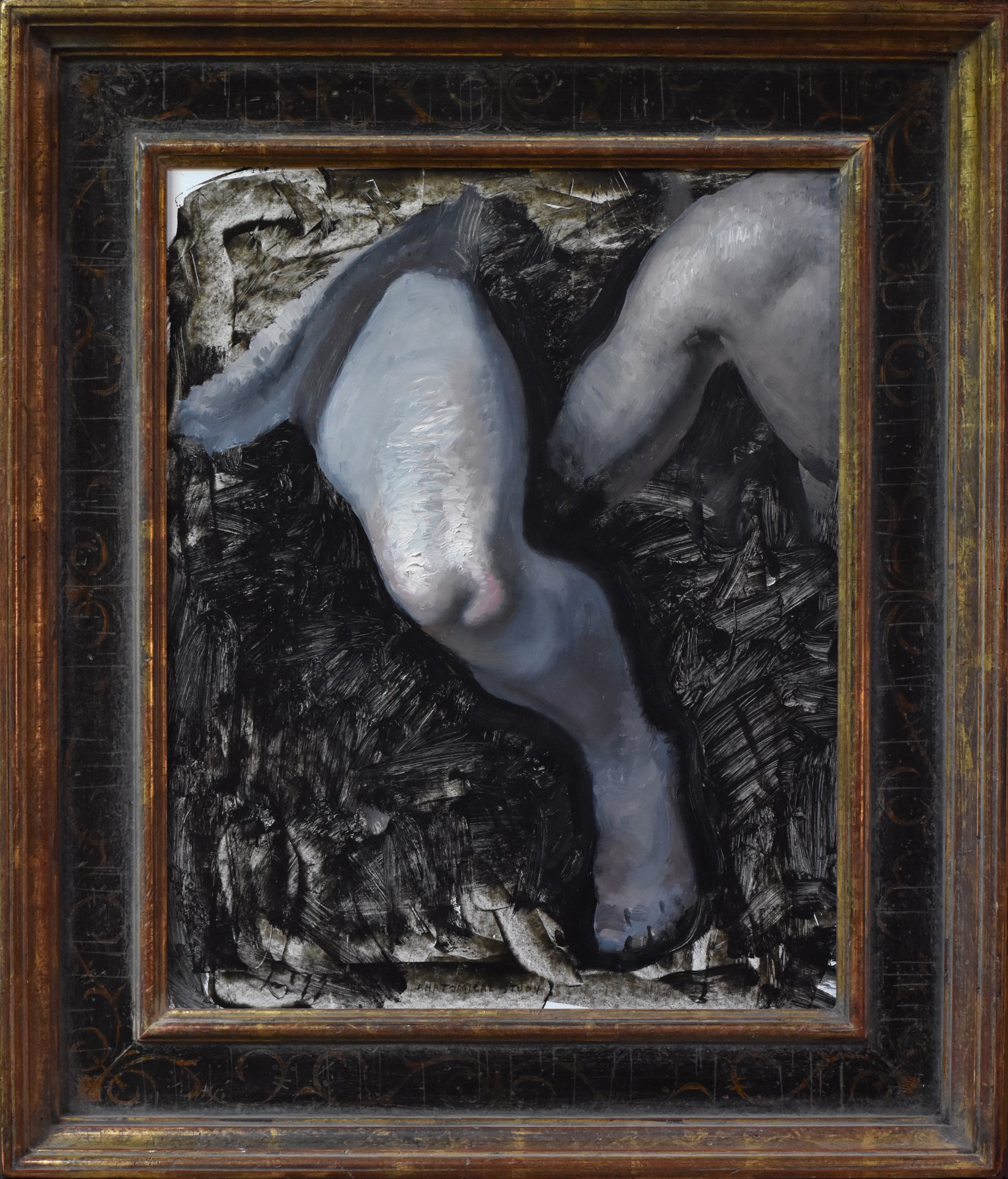 A painting of a woman laying down on the ground.