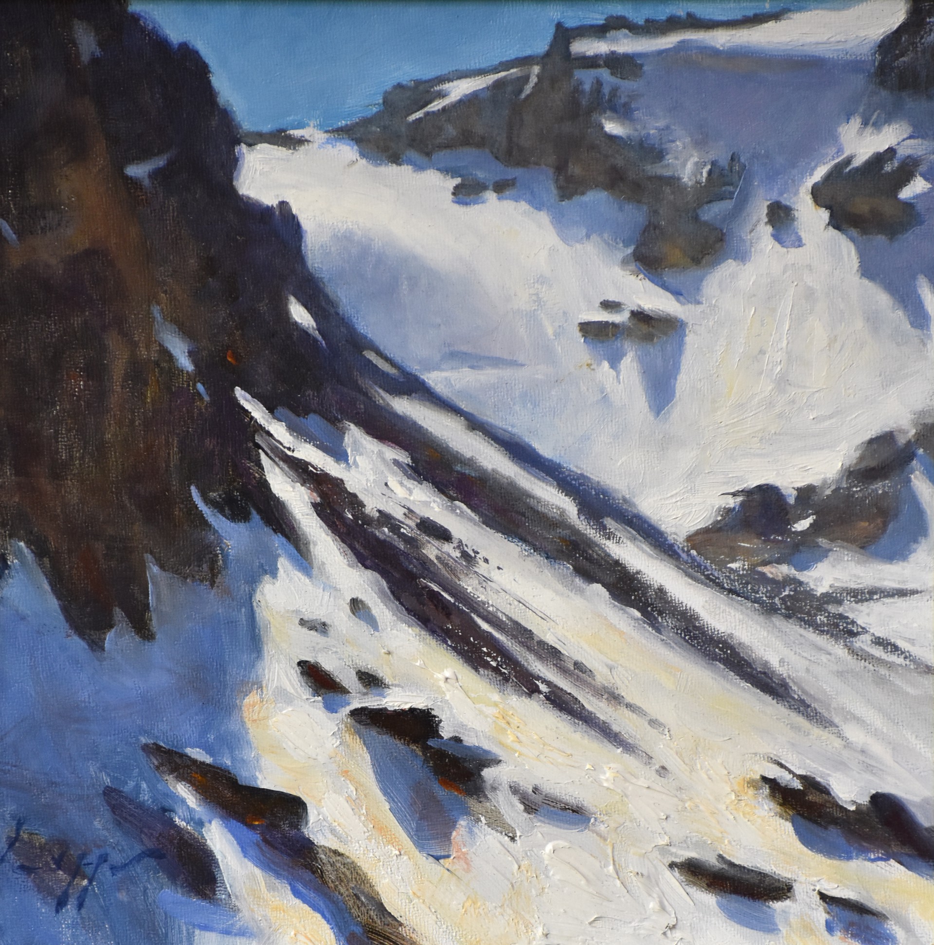 A textured landscape painting of a snowy mountain slope with dramatic shadows and bold brushwork.