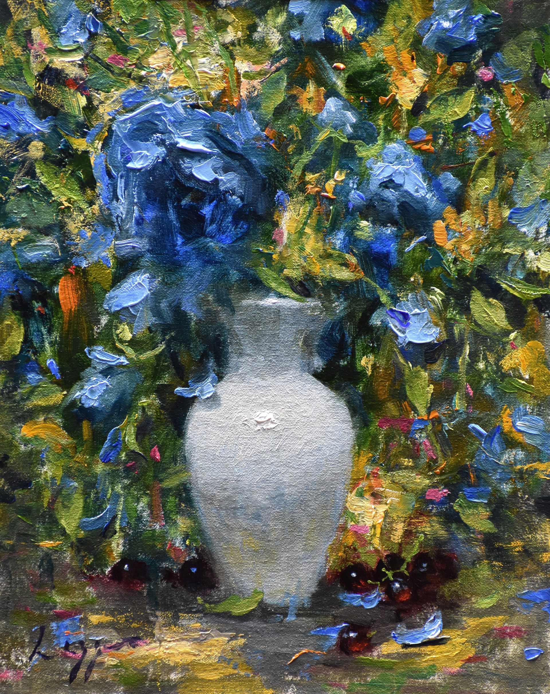 A painting of blue flowers in a white vase.