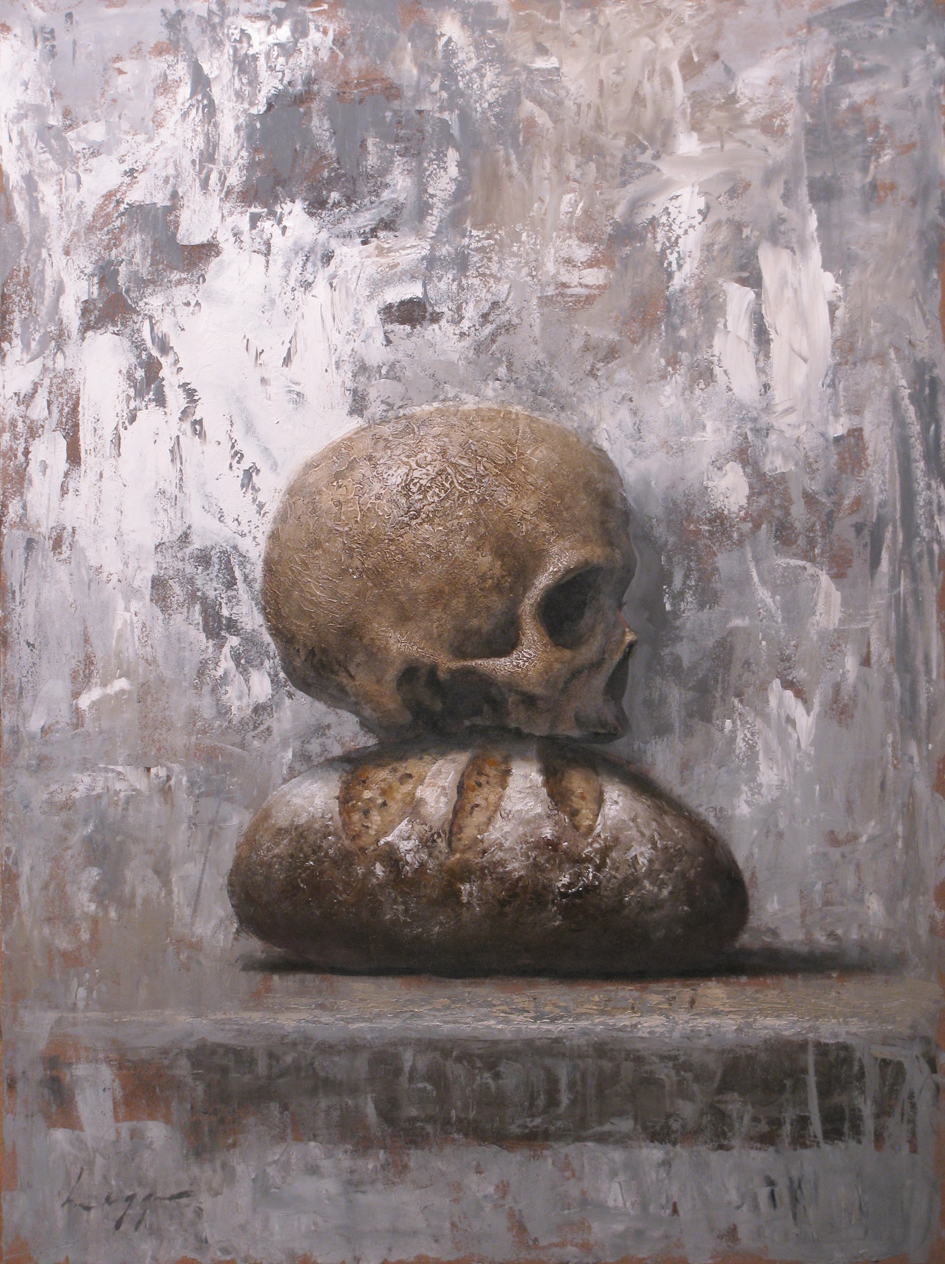 A still life painting juxtaposes a human skull and a loaf of bread against an abstract, textured background.