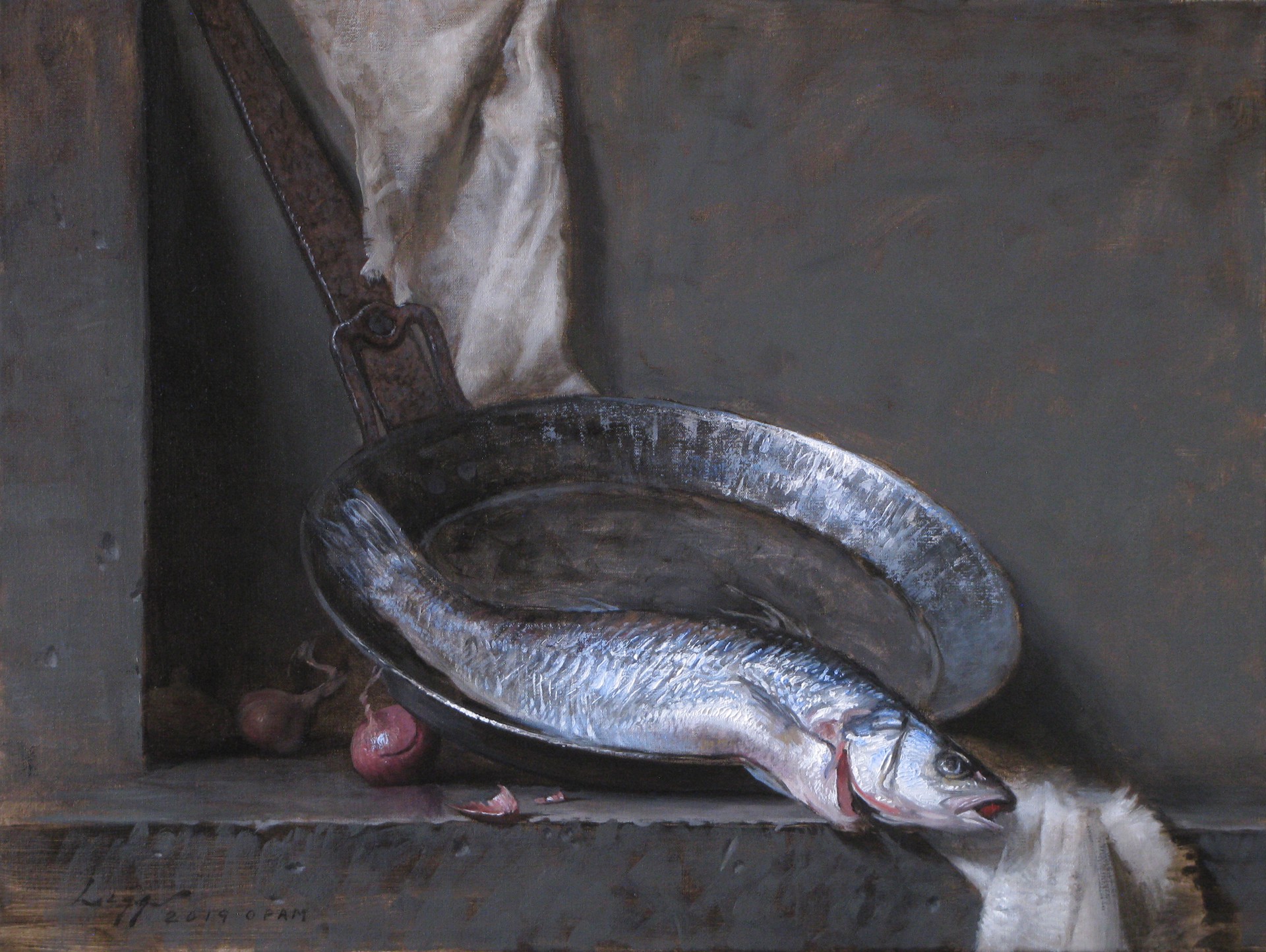 A still life painting featuring a silver fish resting in an old metal pan.