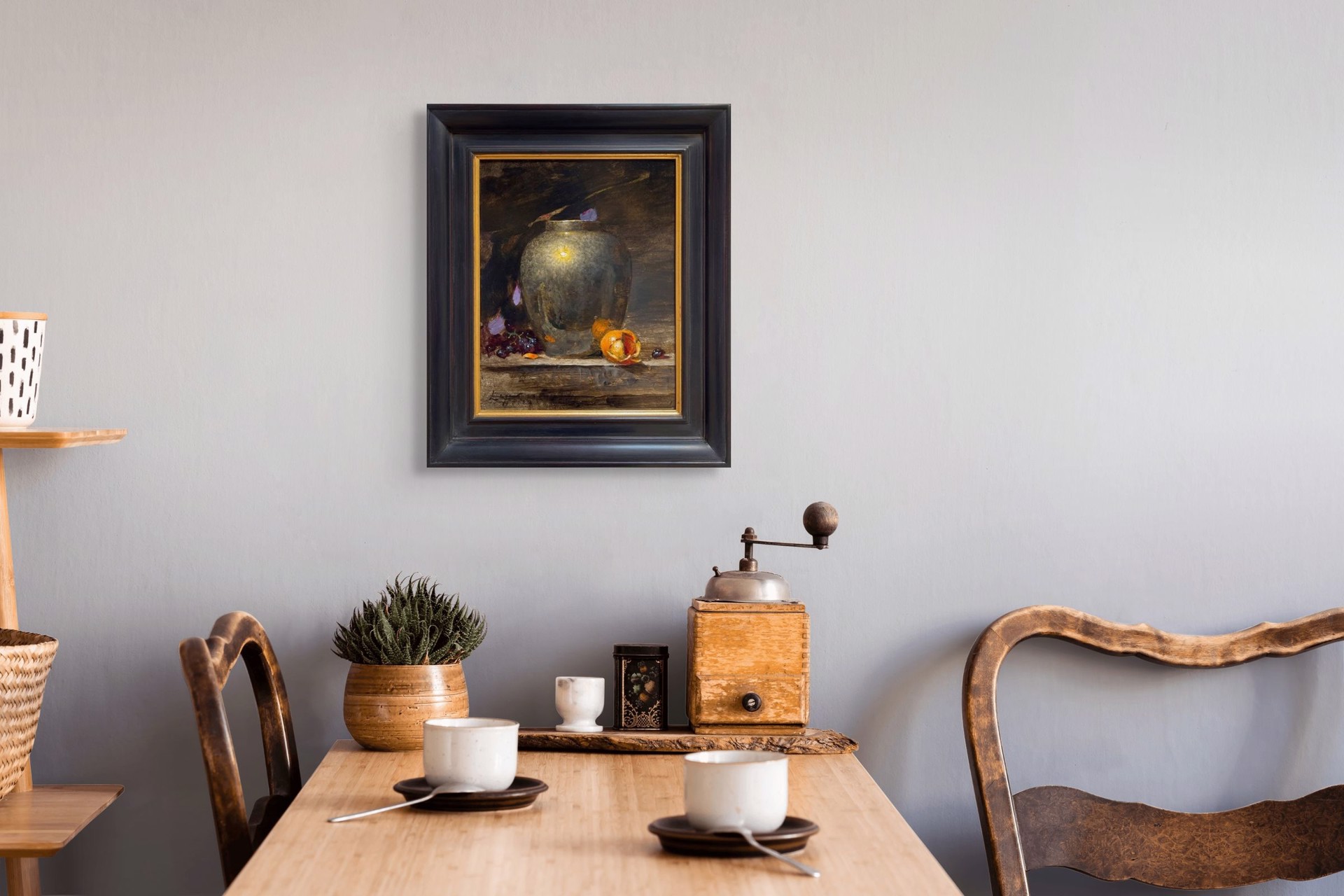 A painting of a vase and fruit on a table.