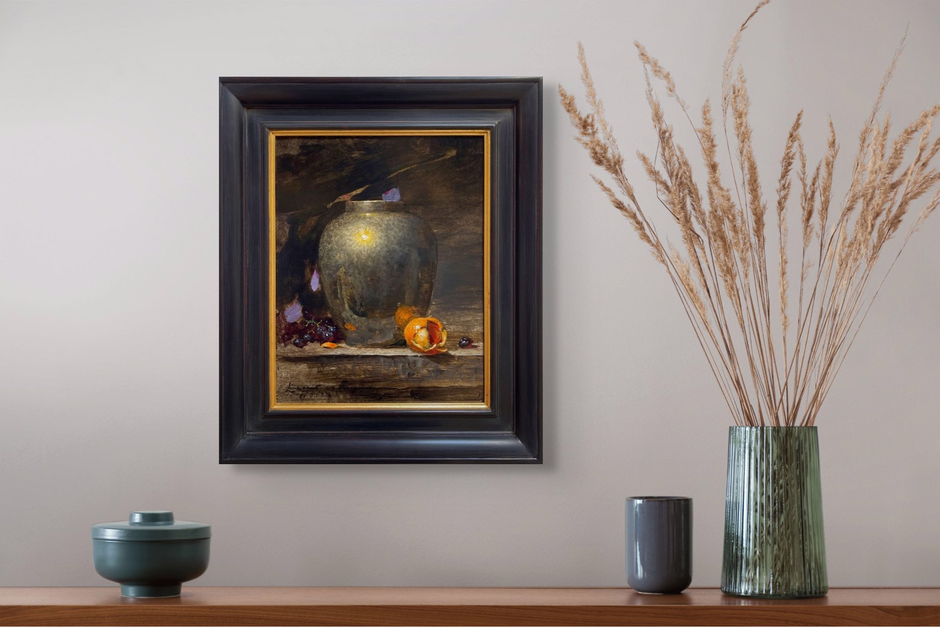 A painting of a vase and fruit on a table.