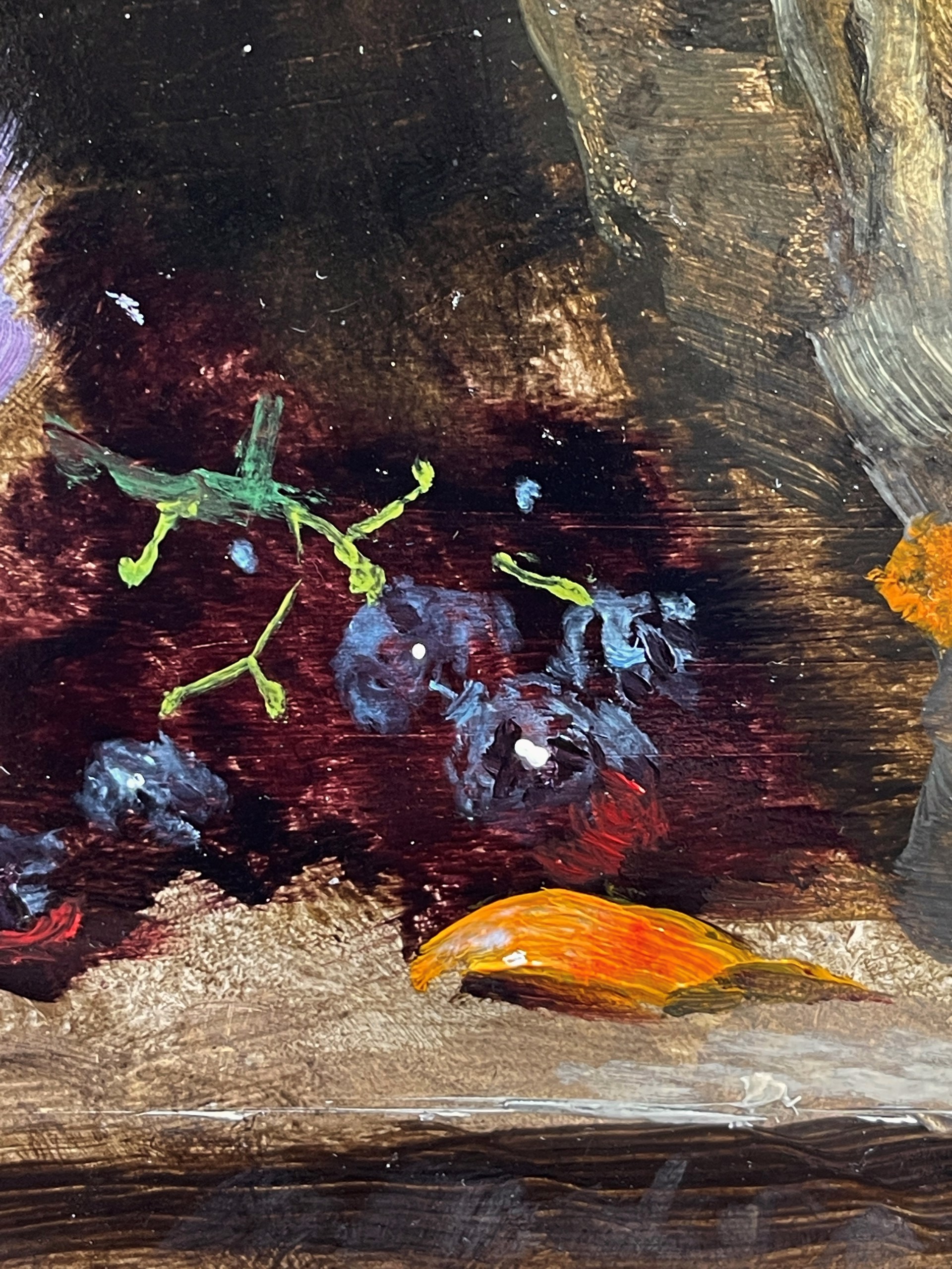A painting of a vase and fruit on a table.