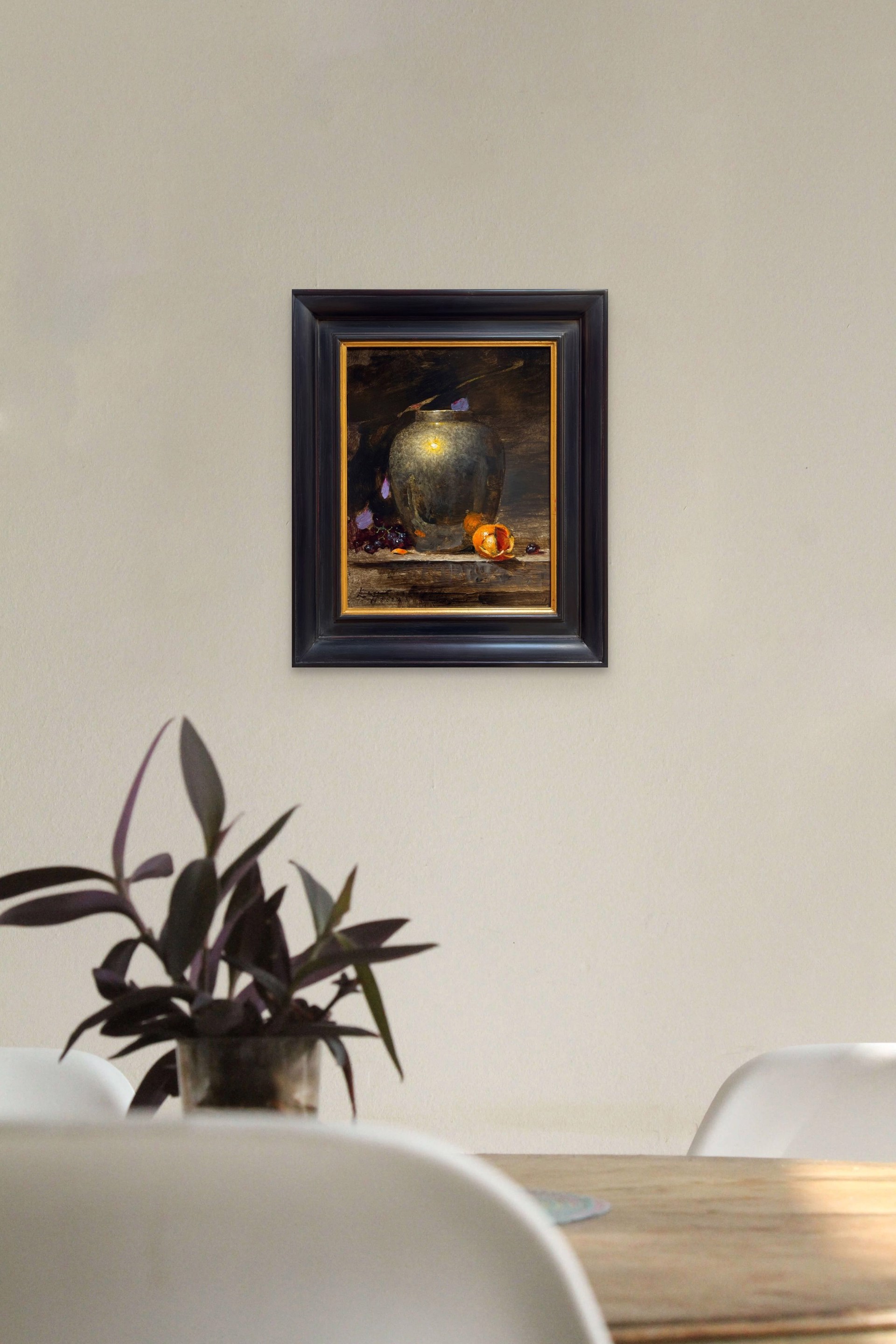 A painting of a vase and fruit on a table.