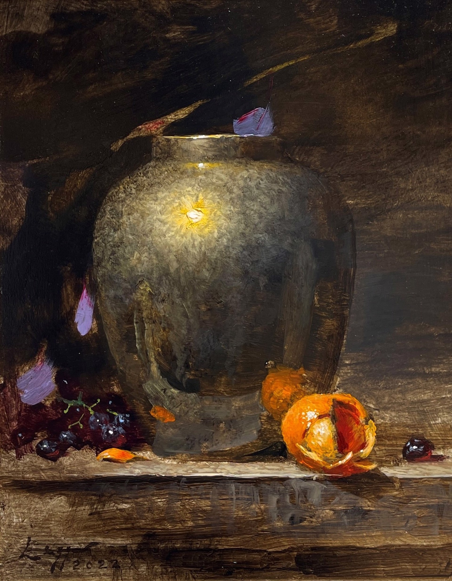 A painting of a vase and fruit on a table.