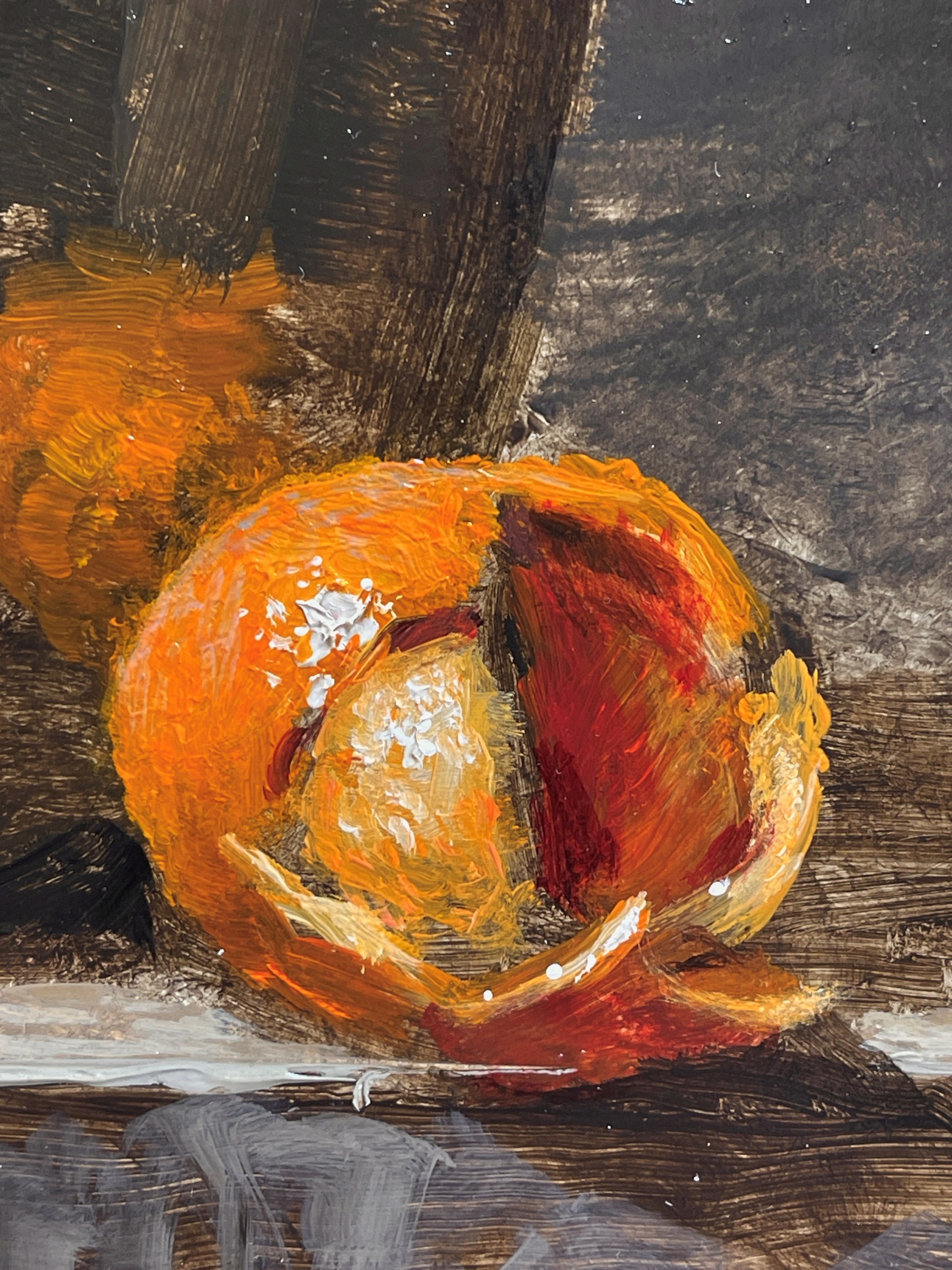 A painting of a vase and fruit on a table.