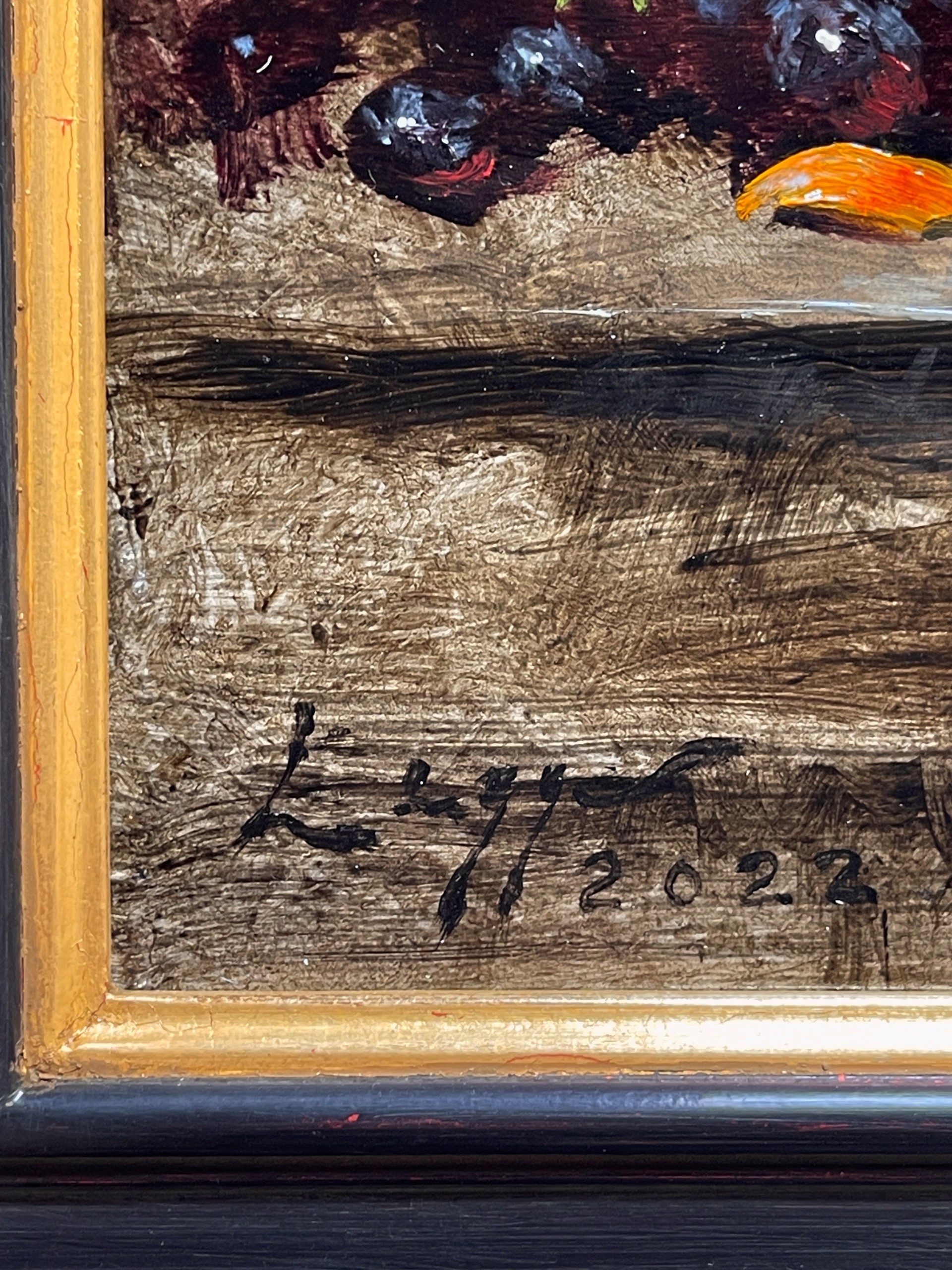 A painting of a vase and fruit on a table.
