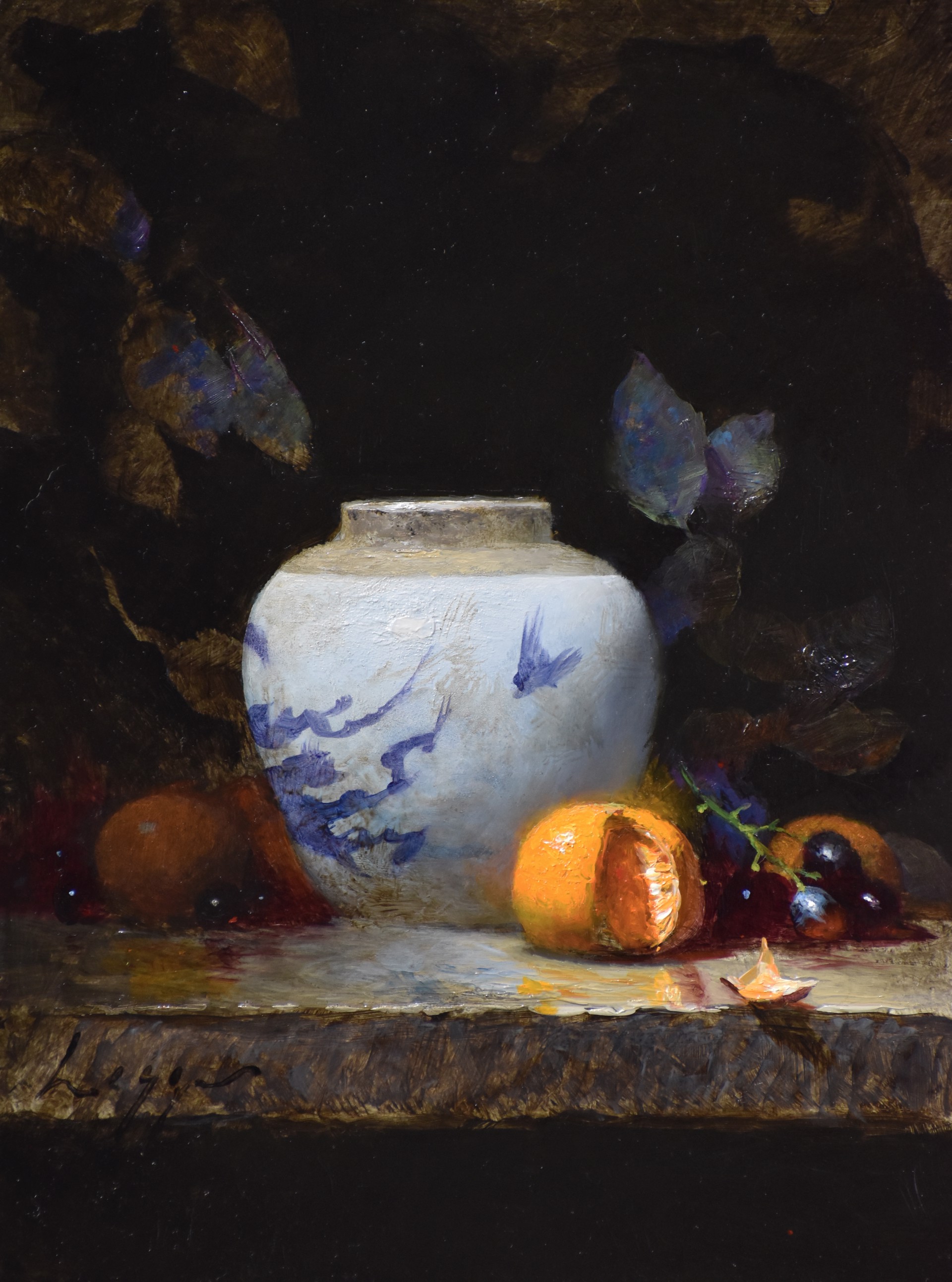 A painting of a vase and fruit on a table.