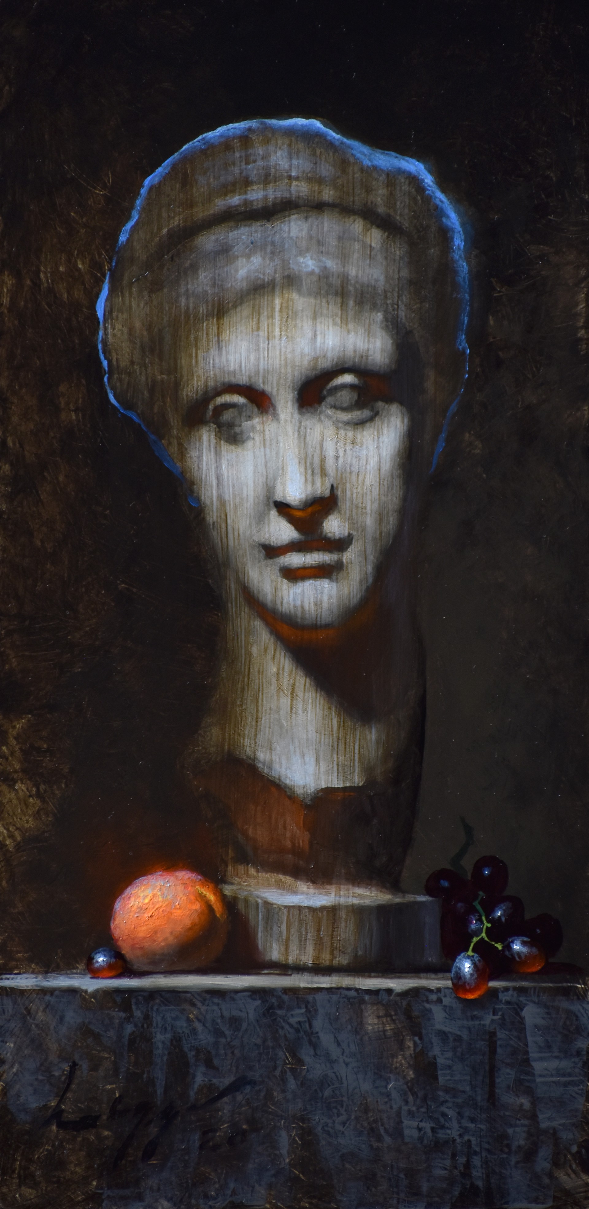 A painting of a bust of a woman with fruit on a table.