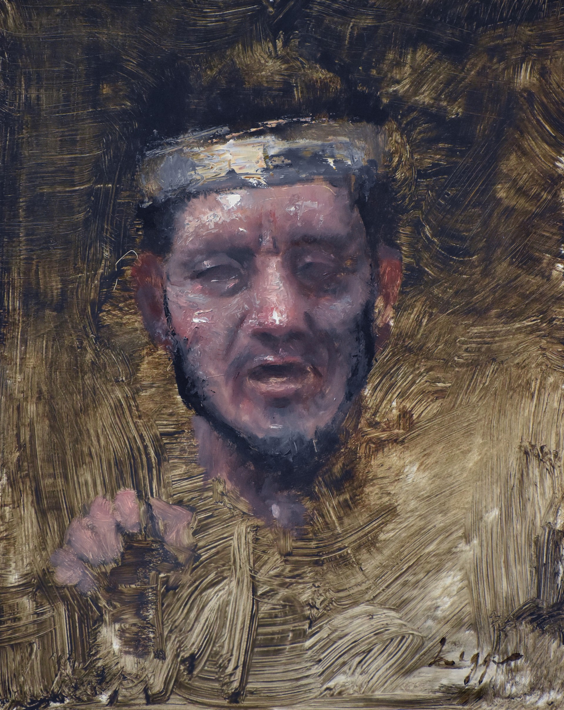 A raw, expressive portrait of a bearded figure with a headband, rendered in thick, textured brushstrokes.