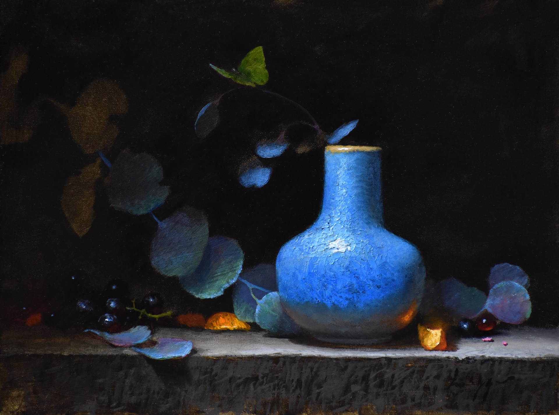 A painting of a blue vase sitting on a ledge.
