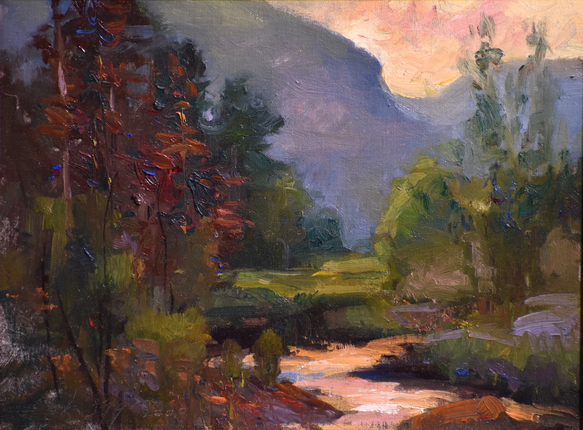 A landscape painting of a sunlit valley with a stream, rendered in loose brushstrokes and warm autumnal colors.