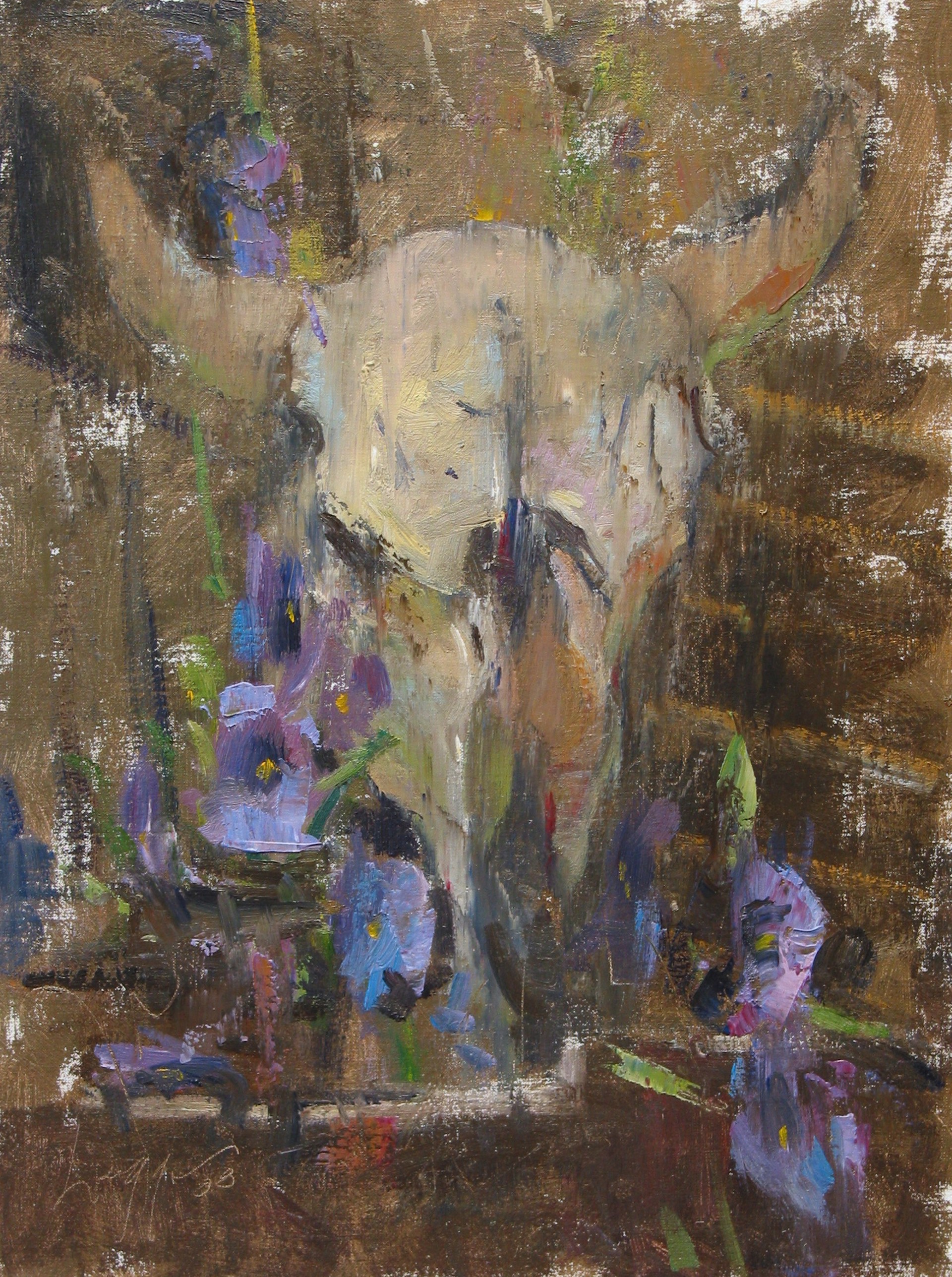 A textured painting of a bull skull surrounded by vibrant purple flowers.
