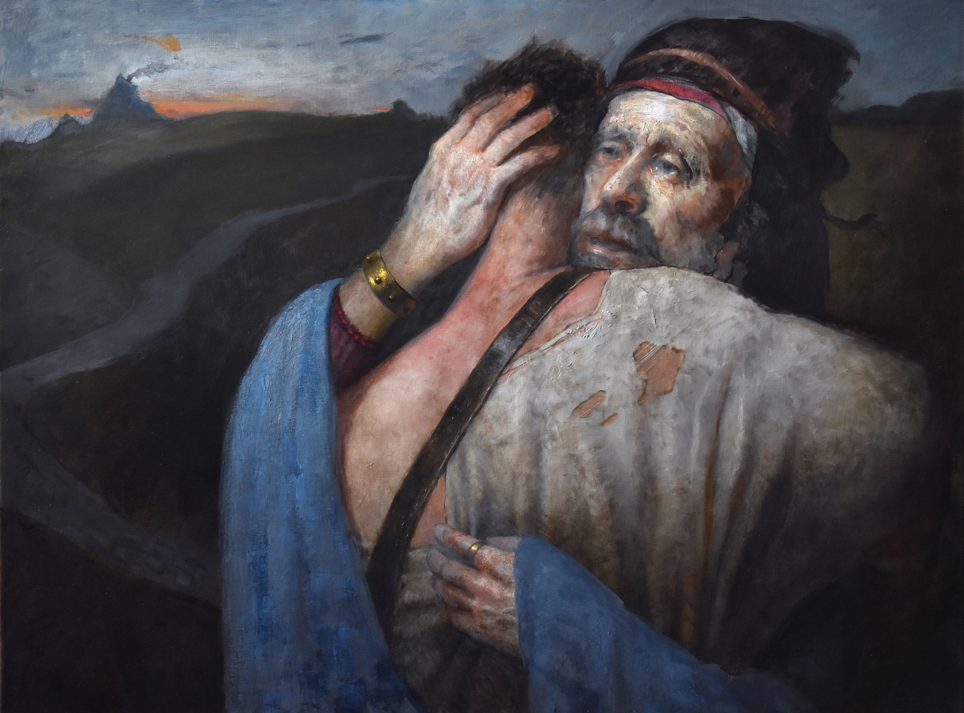 A dramatic oil painting of two figures in an intimate embrace against a moody landscape.