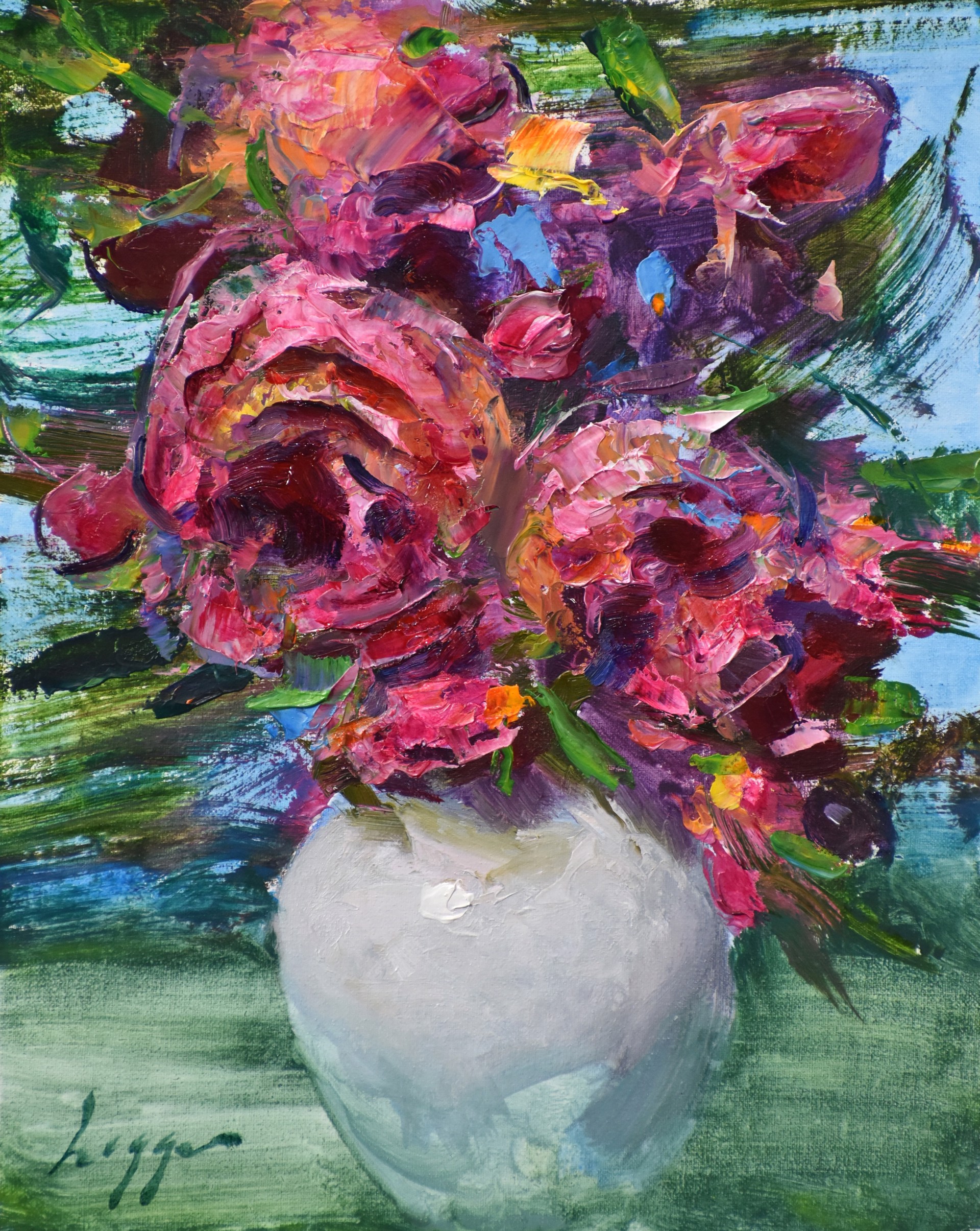 A painting of flowers in a white vase on a table.