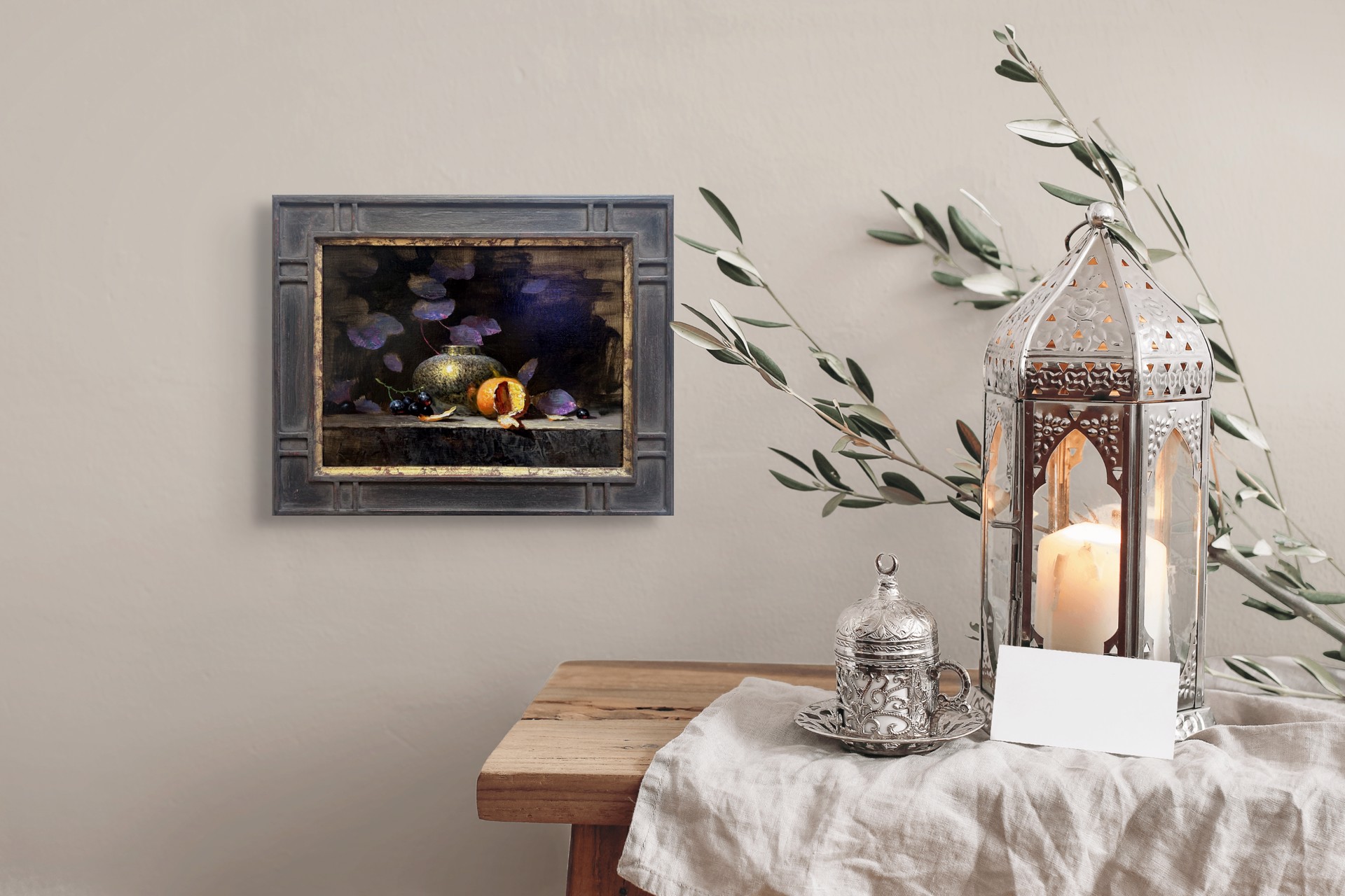 A painting of a vase and fruit on a table.