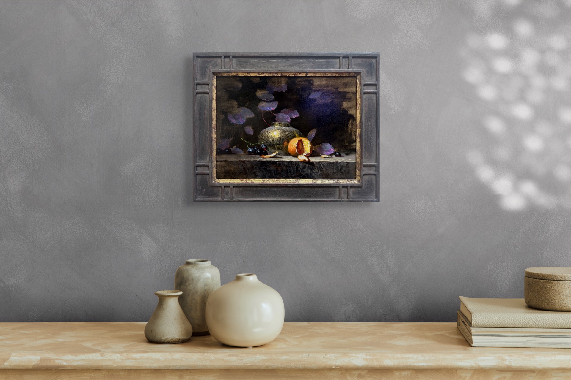 A painting of a vase and fruit on a table.