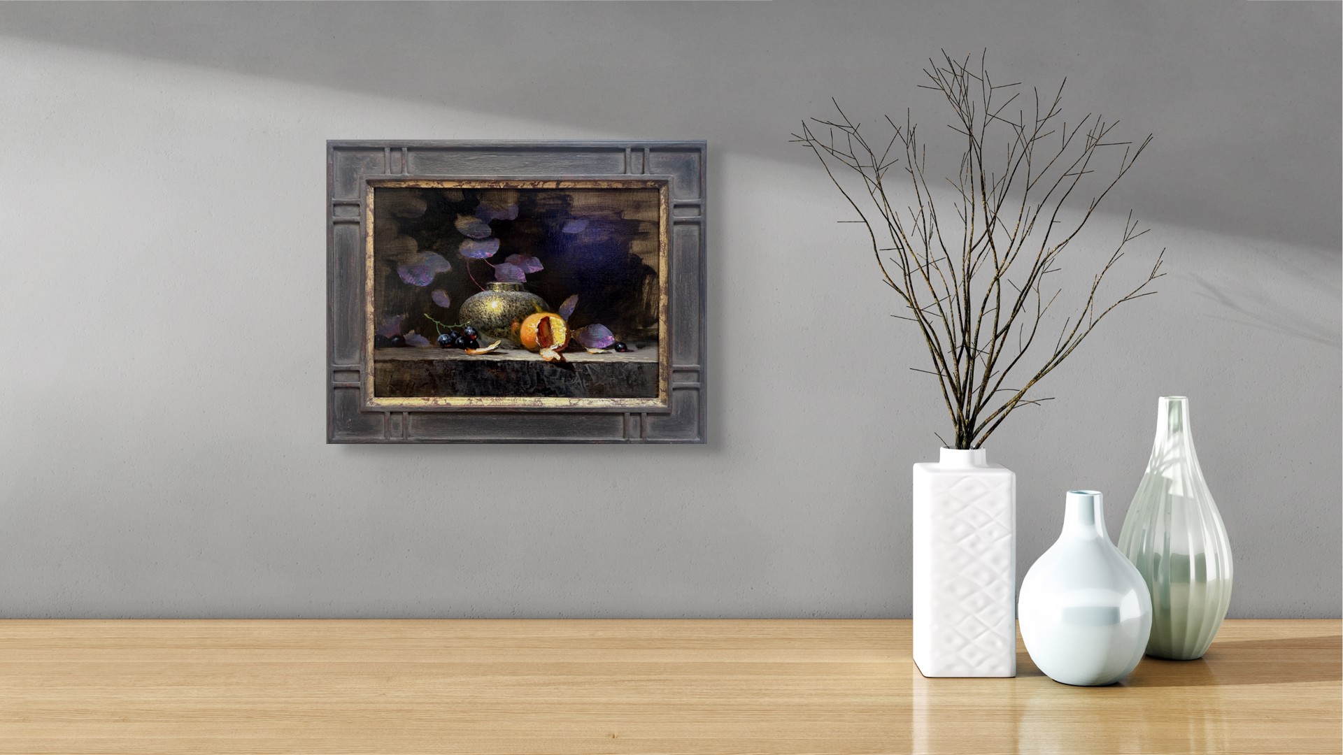 A painting of a vase and fruit on a table.