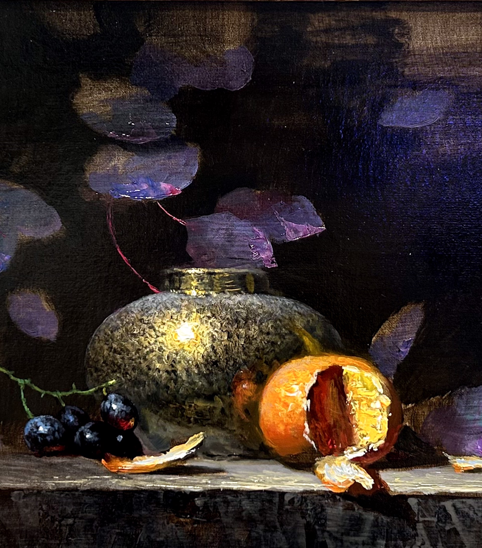 A painting of a vase and fruit on a table.