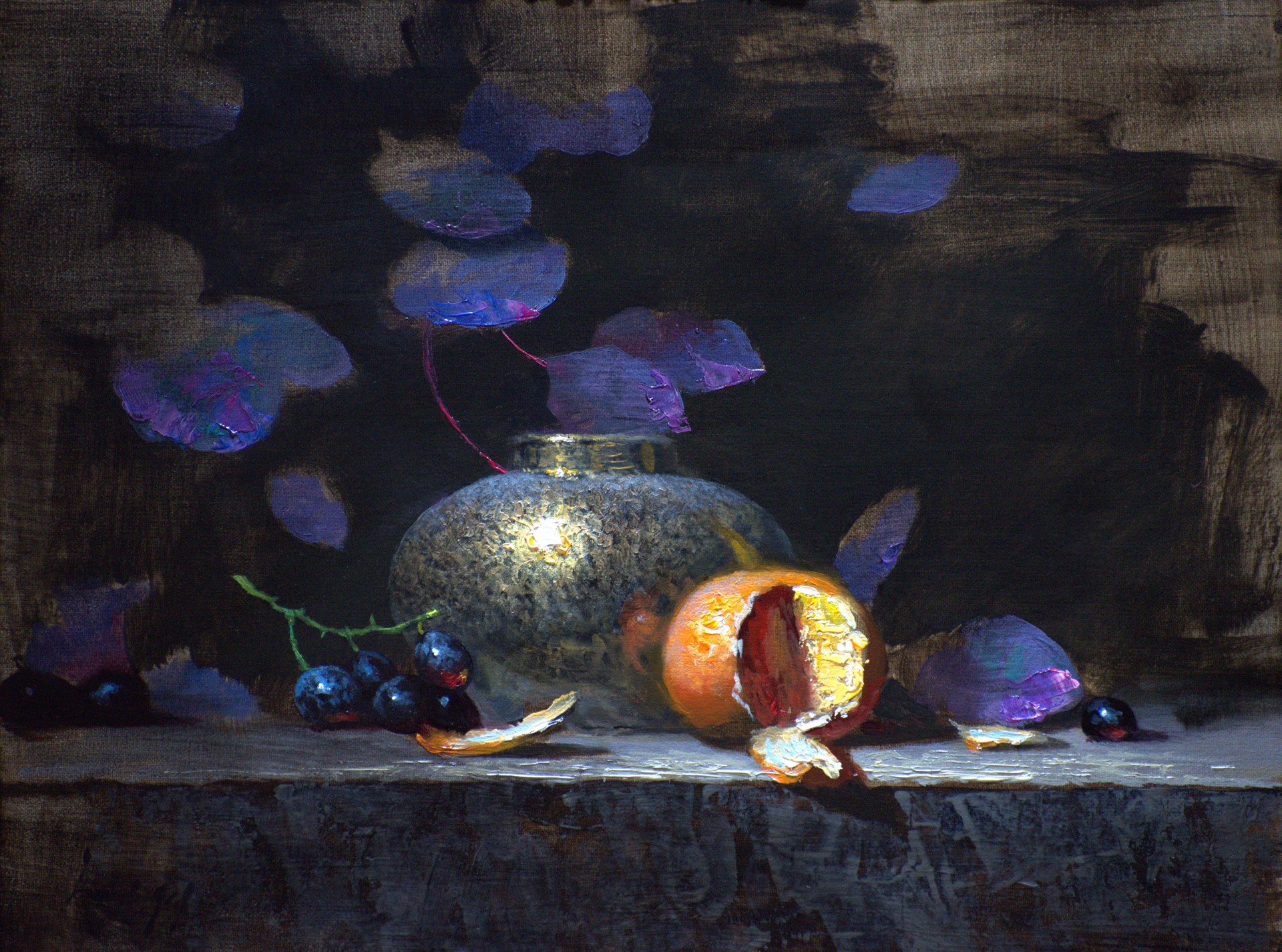 A painting of a vase and fruit on a table.