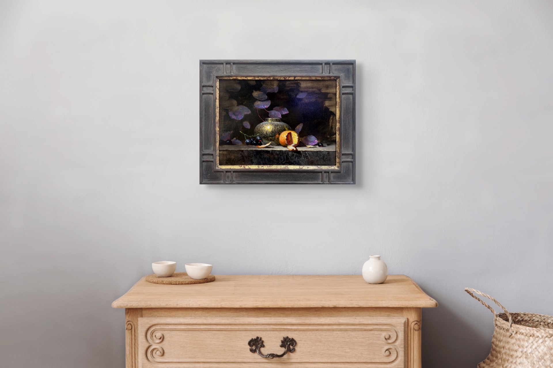 A painting of a vase and fruit on a table.