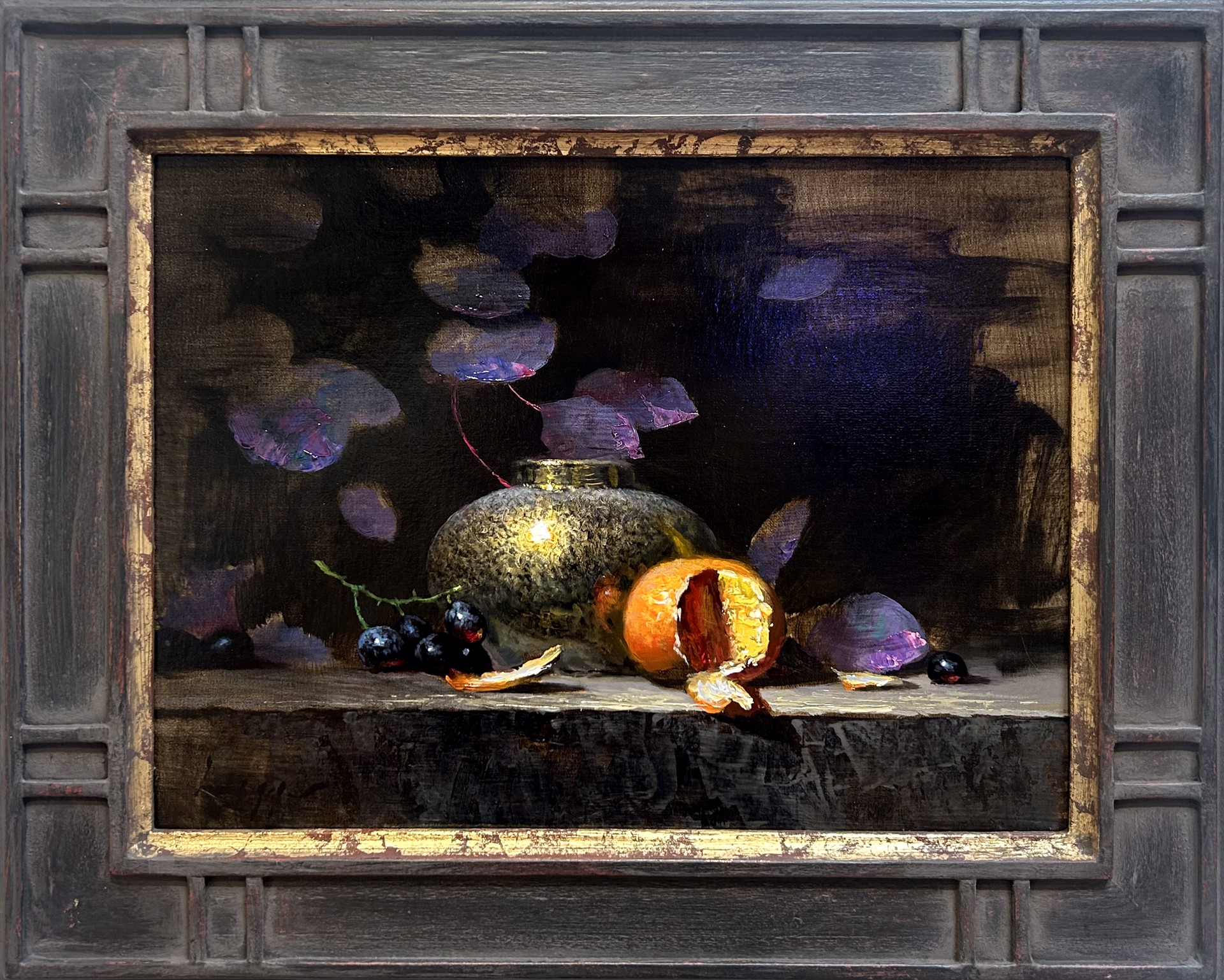 A painting of a vase and fruit on a table.