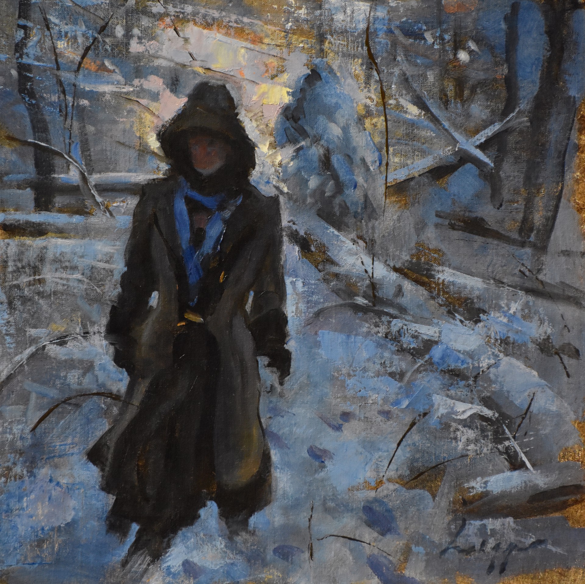 A painting of a person walking in the snow.