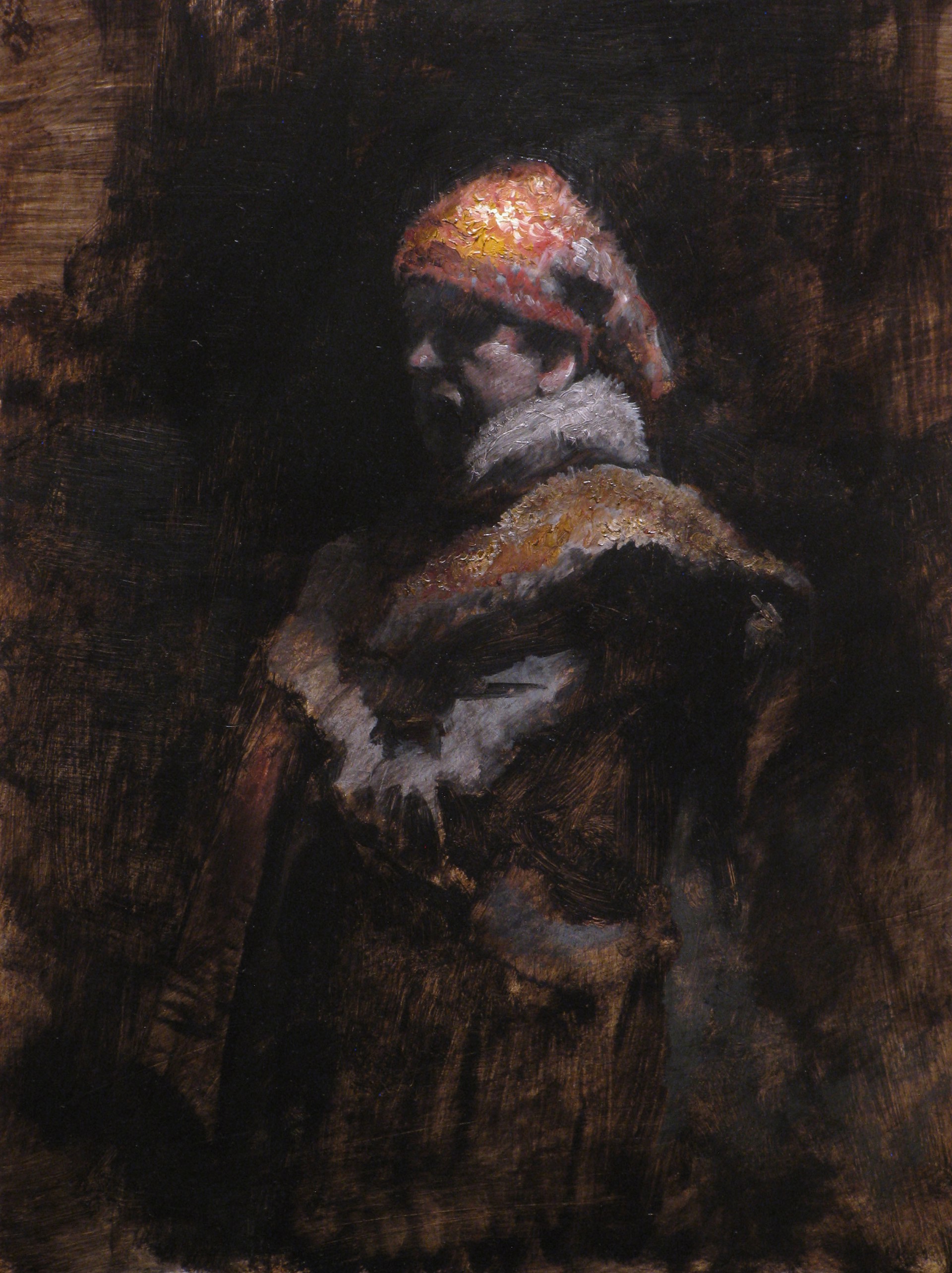 A painting of a man wearing a red hat.
