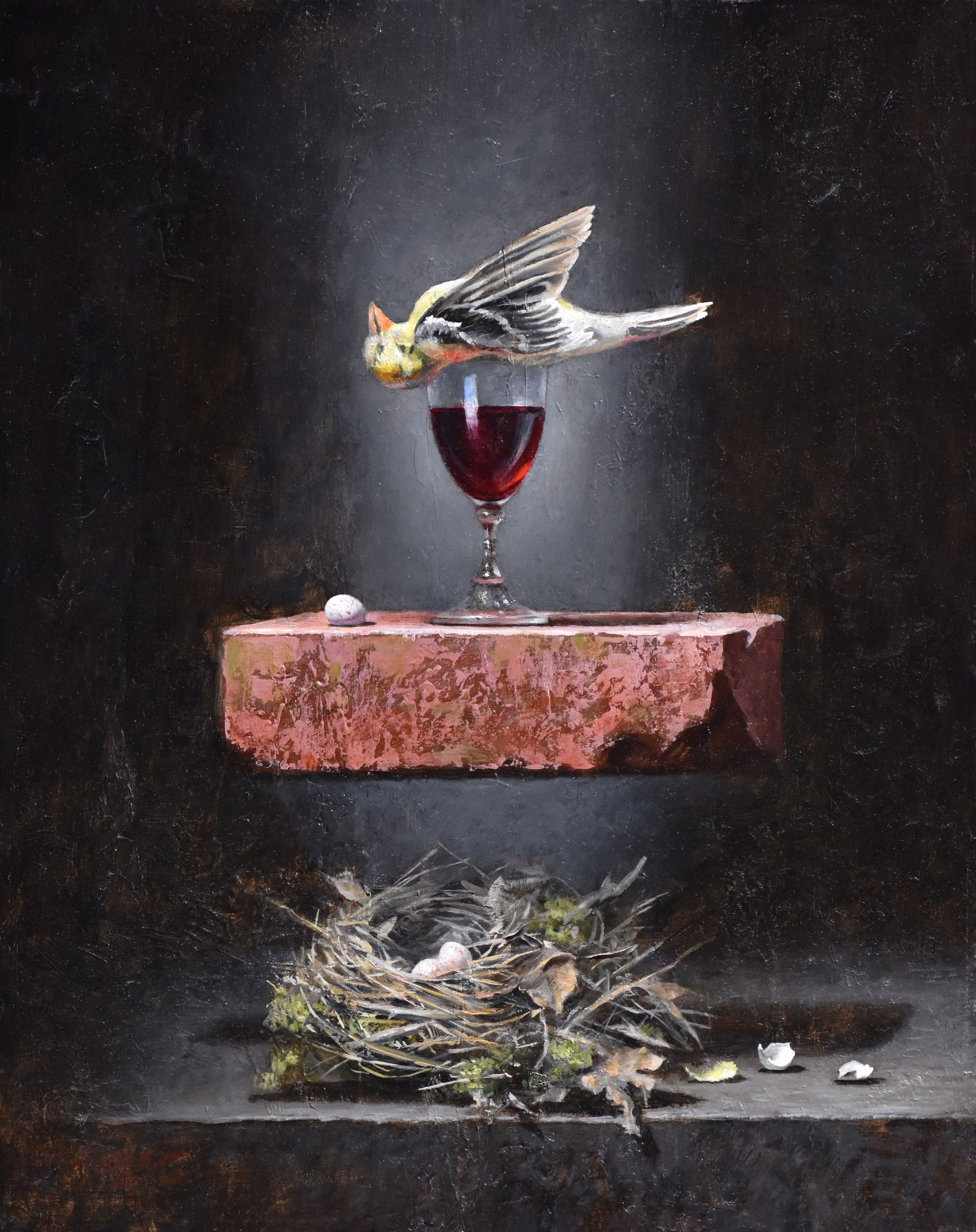 A painting of a bird sitting on top of a glass of wine.
