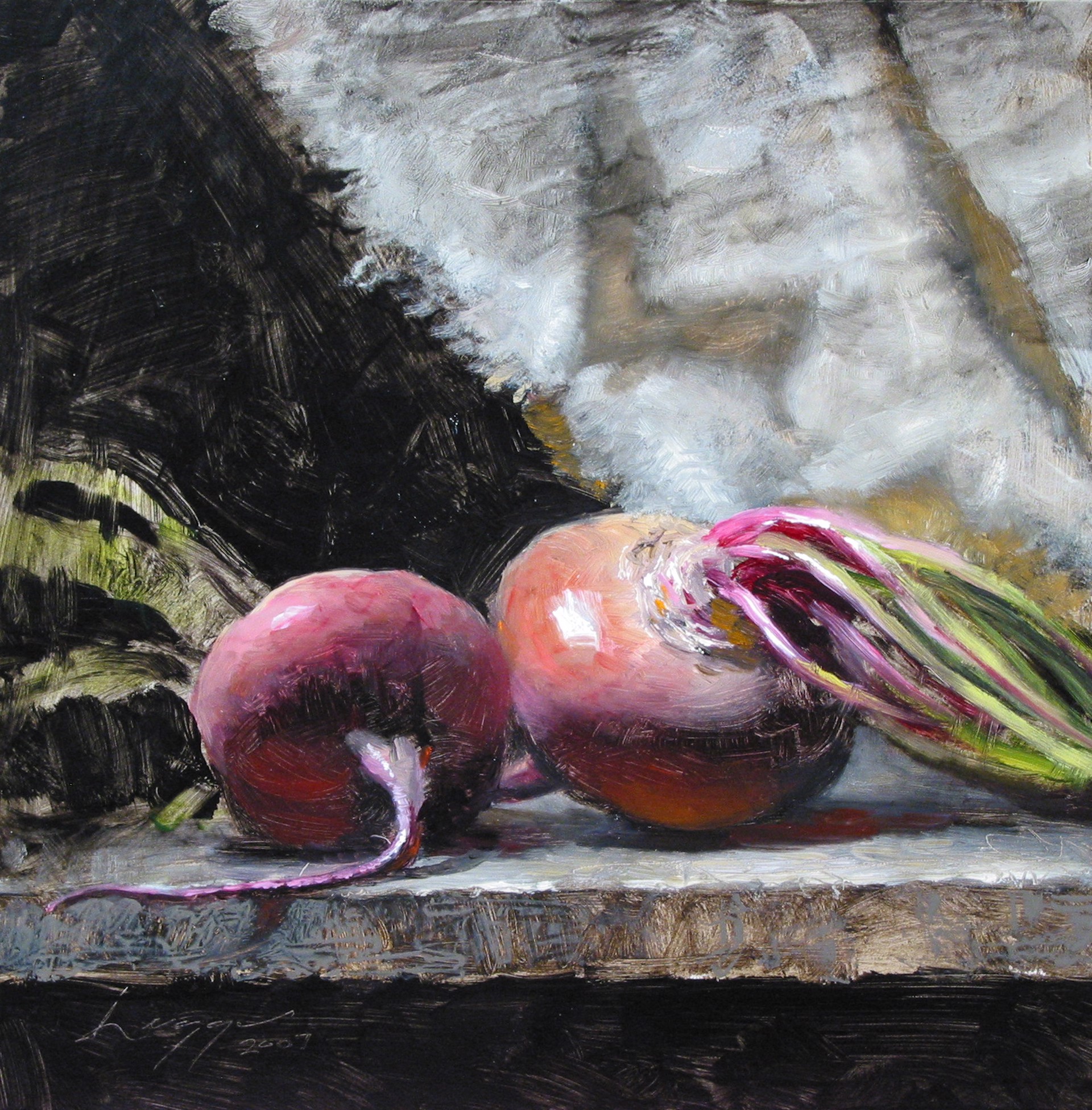 A painting of two beets on a table. 