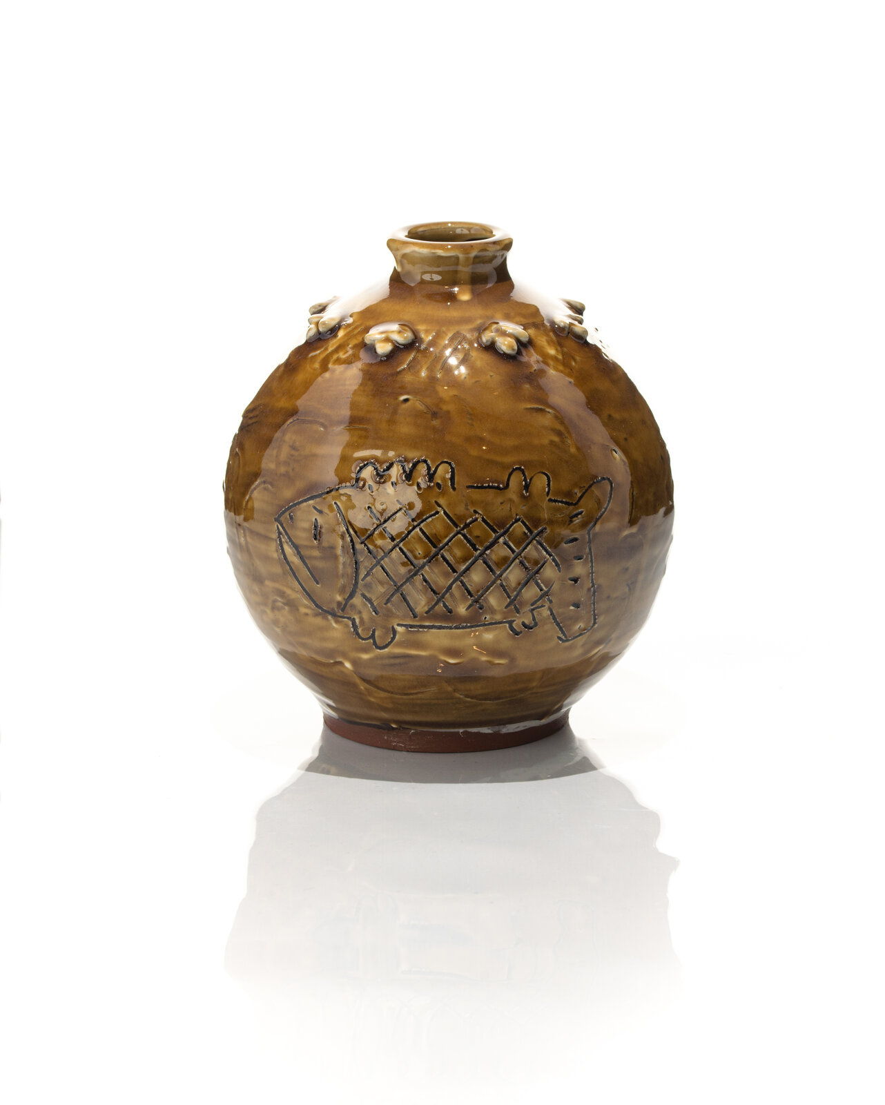 Amber Fish and Flower Globular Vase by Jeffry Mitchell, 2020