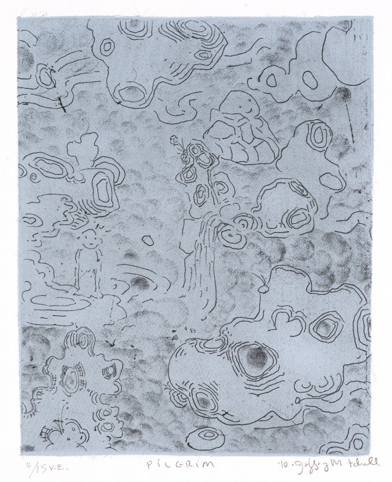 A monochromatic etching featuring a small figure standing amidst swirling, organic shapes and abstract forms.