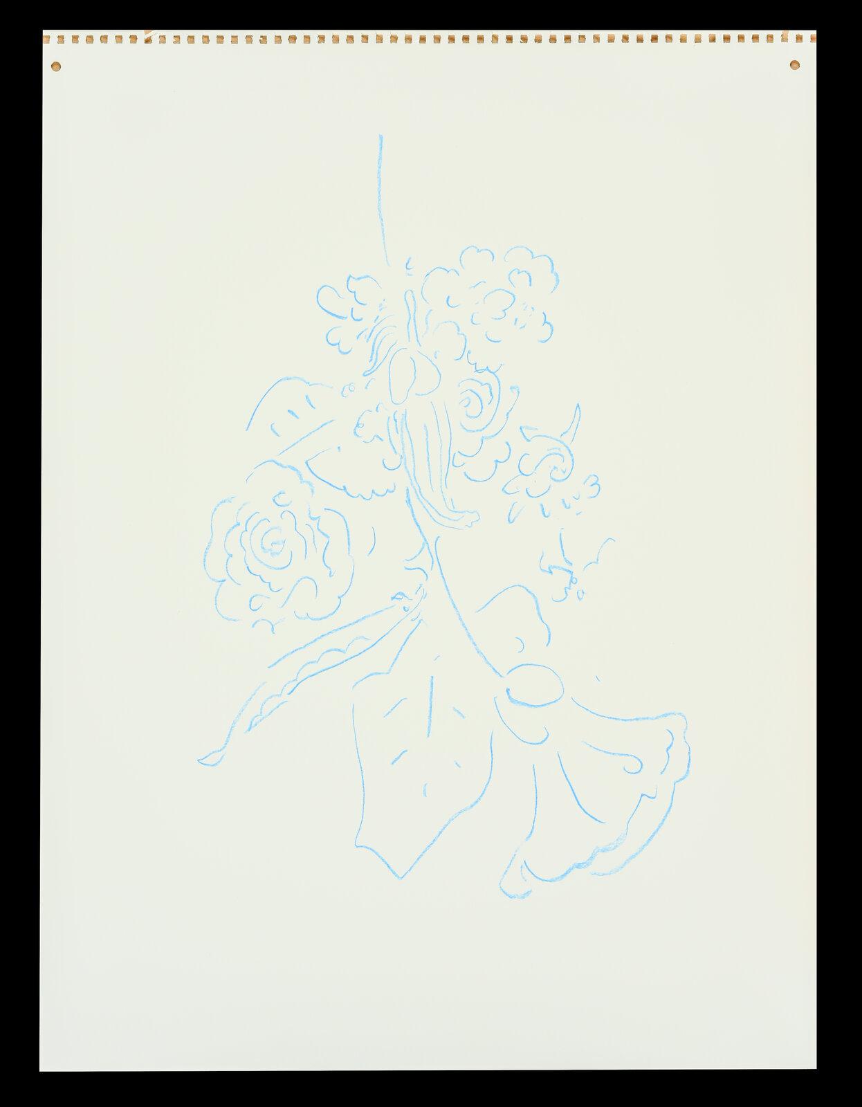 A delicate blue line drawing of a floral arrangement on paper.