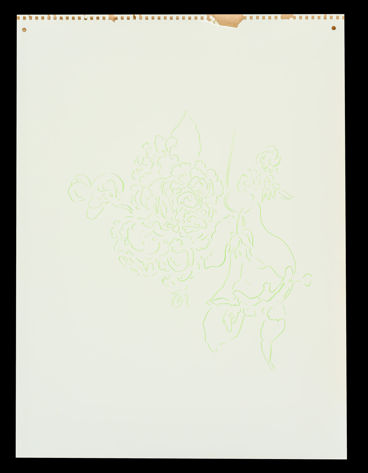 A minimalist line drawing of a bouquet and a figure in motion.