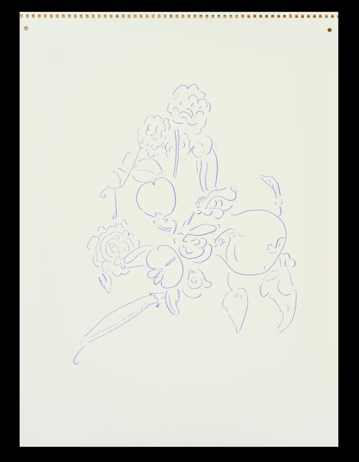 A delicate line drawing of a still life arrangement featuring flowers and fruit.
