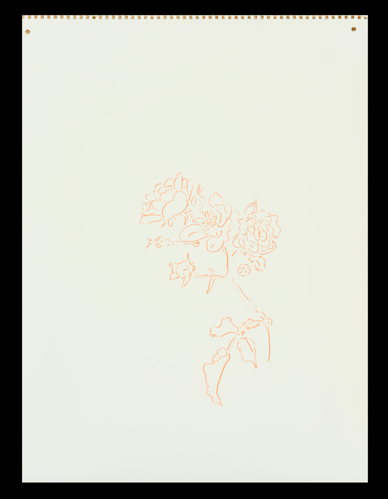 A minimalist line drawing of a floral bouquet rendered in orange on cream paper.