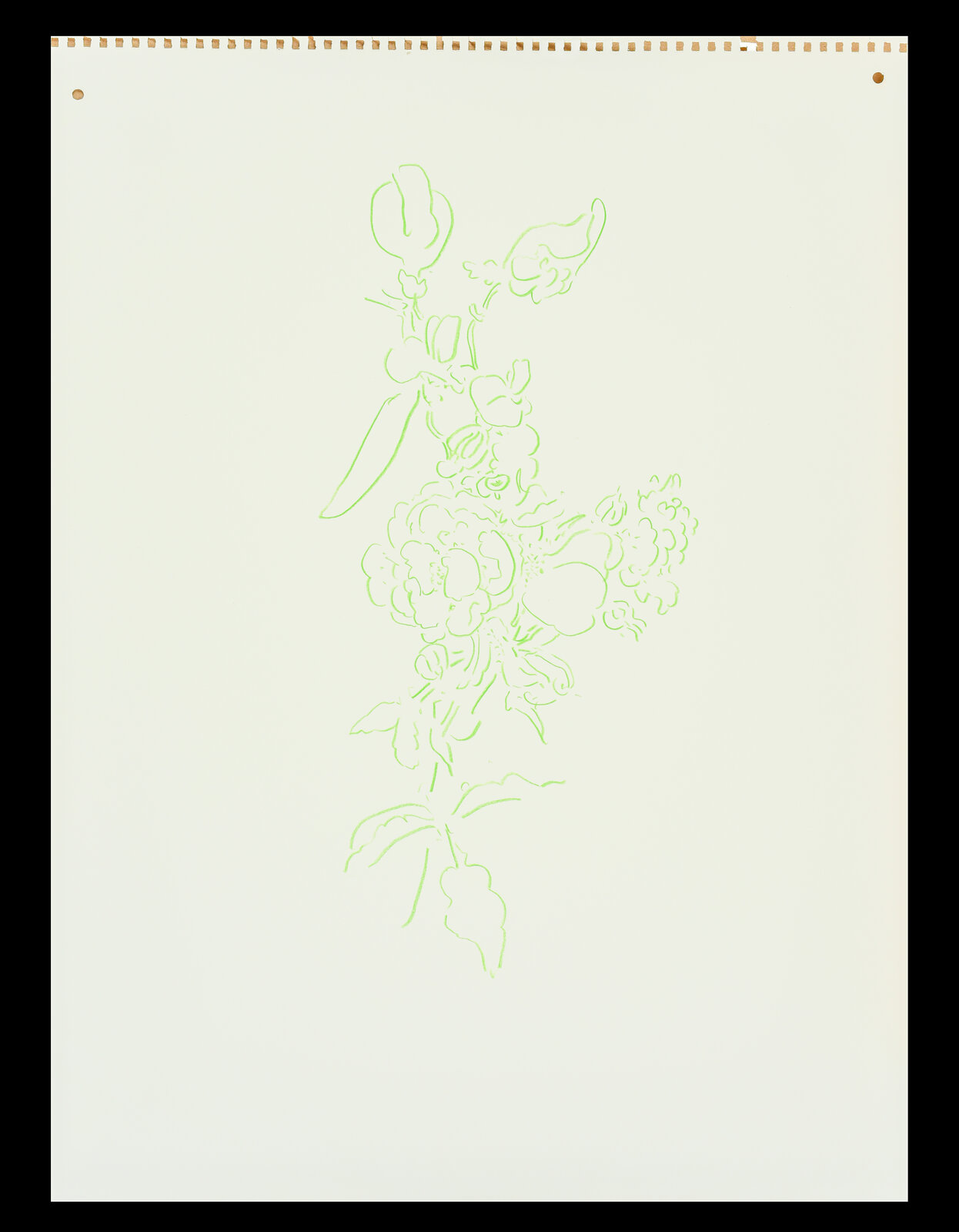 A delicate line drawing of a flower bouquet in light green on cream paper.