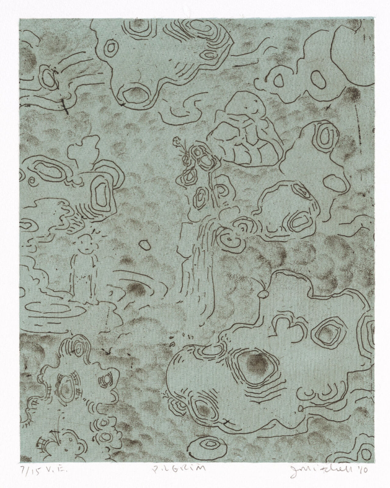A surreal etching featuring a small figure standing amidst floating, cloud-like forms with swirling eyes.
