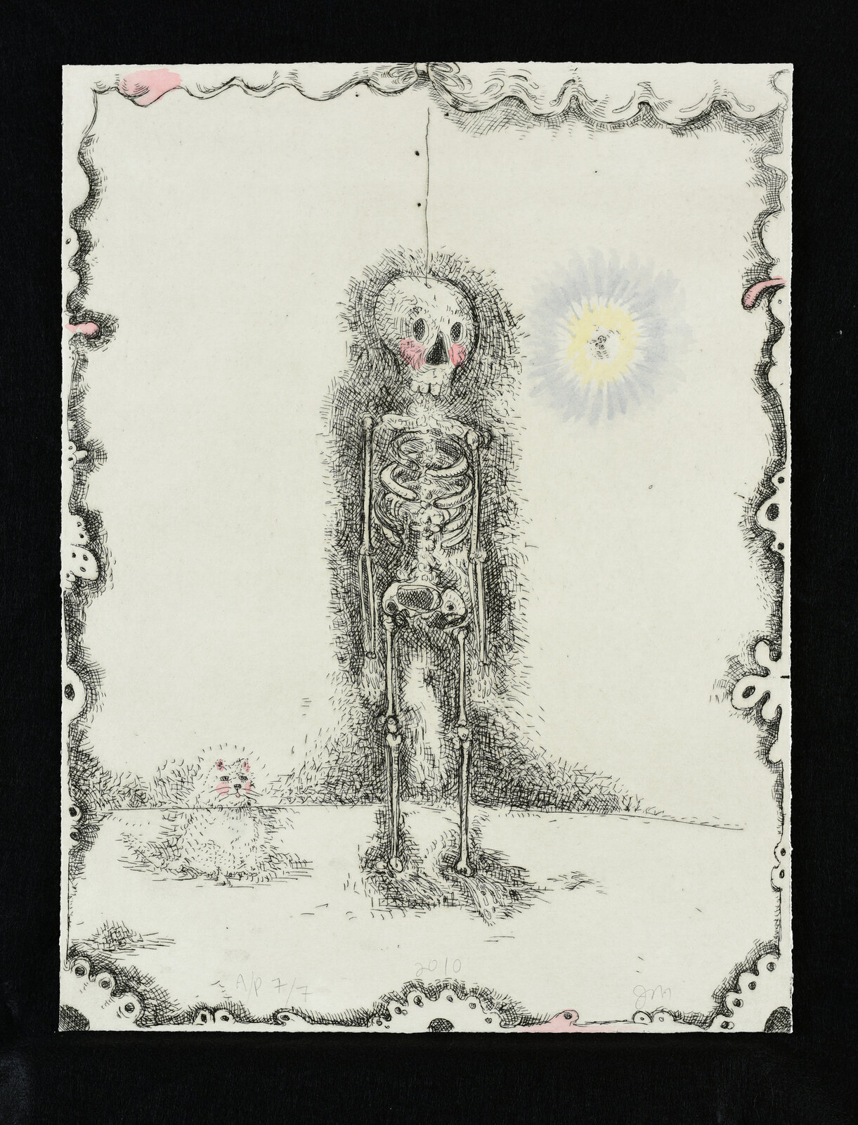 A whimsical etching of a standing skeleton with rosy cheeks, accompanied by a small cat and a sunflower.
