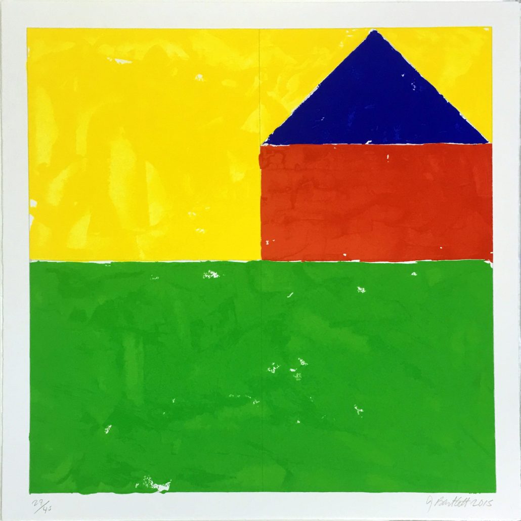 A painting of a house on a green, yellow, and red background.