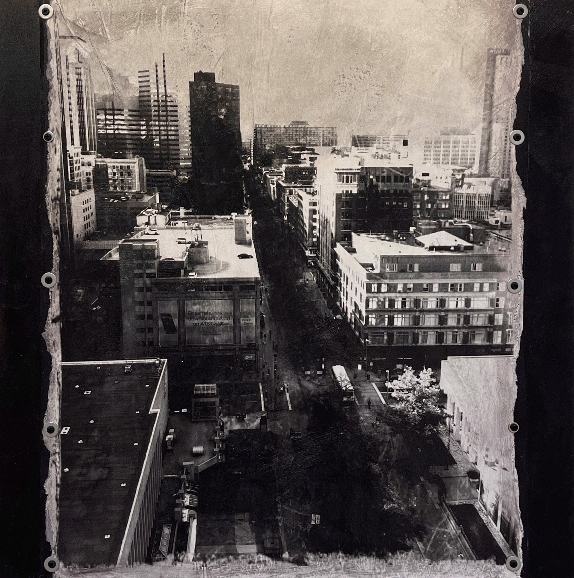 A black and white photo of a cityscape.