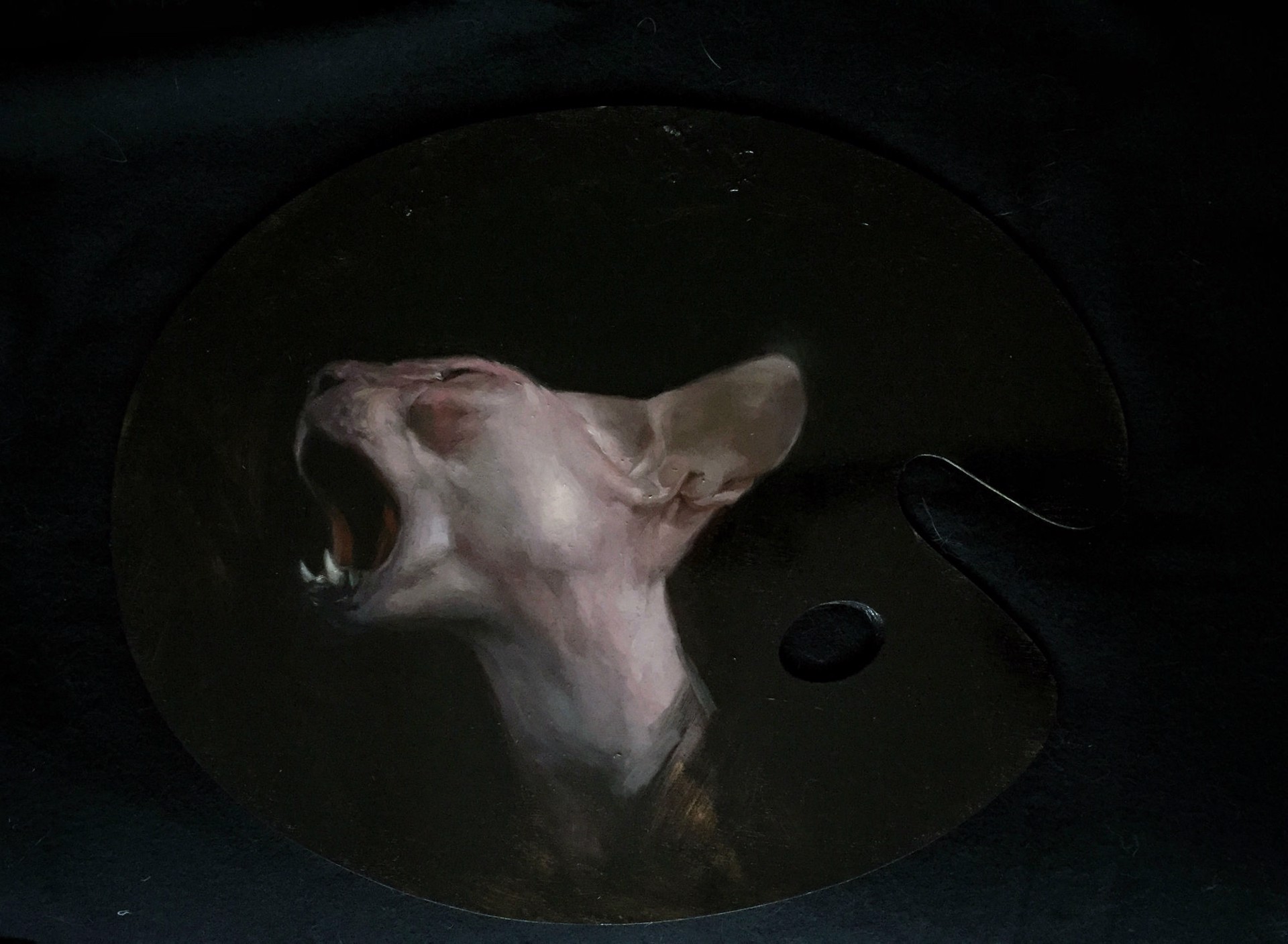 A painting of a dog with its mouth open in a circle.