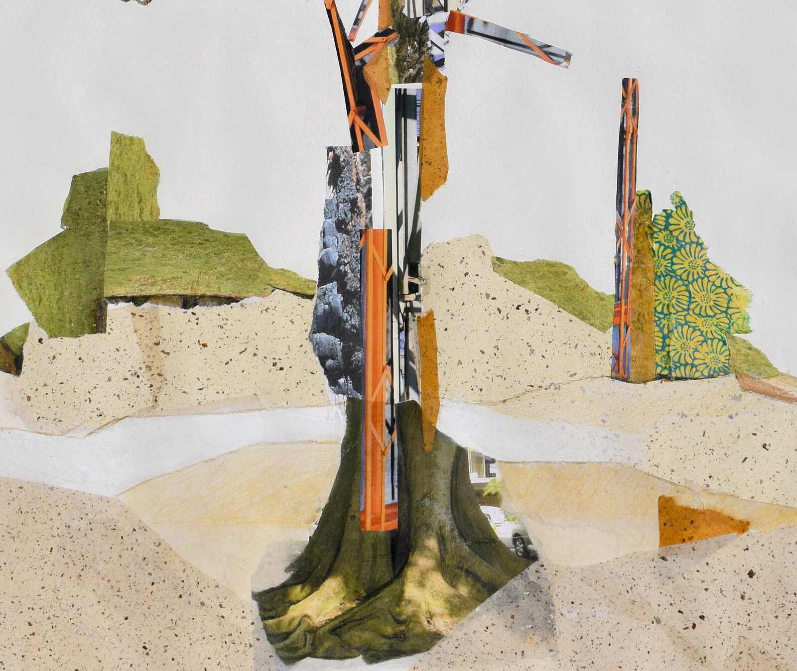 A collage-style landscape featuring a central tree with abstract geometric forms and a muted color palette.